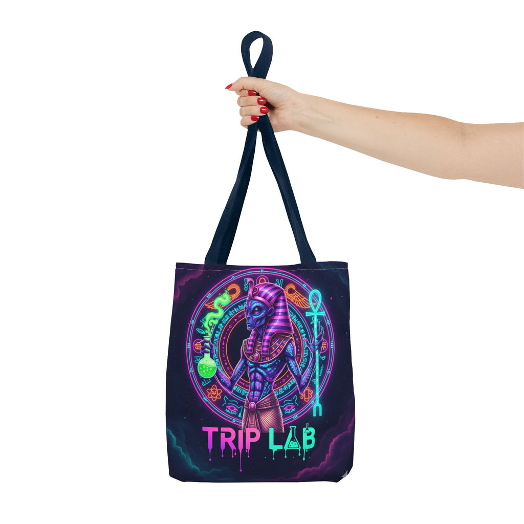 Psychedelic Trip Lab Tote Bag — Neon Ancient-Egypt Anubis All-Over Print