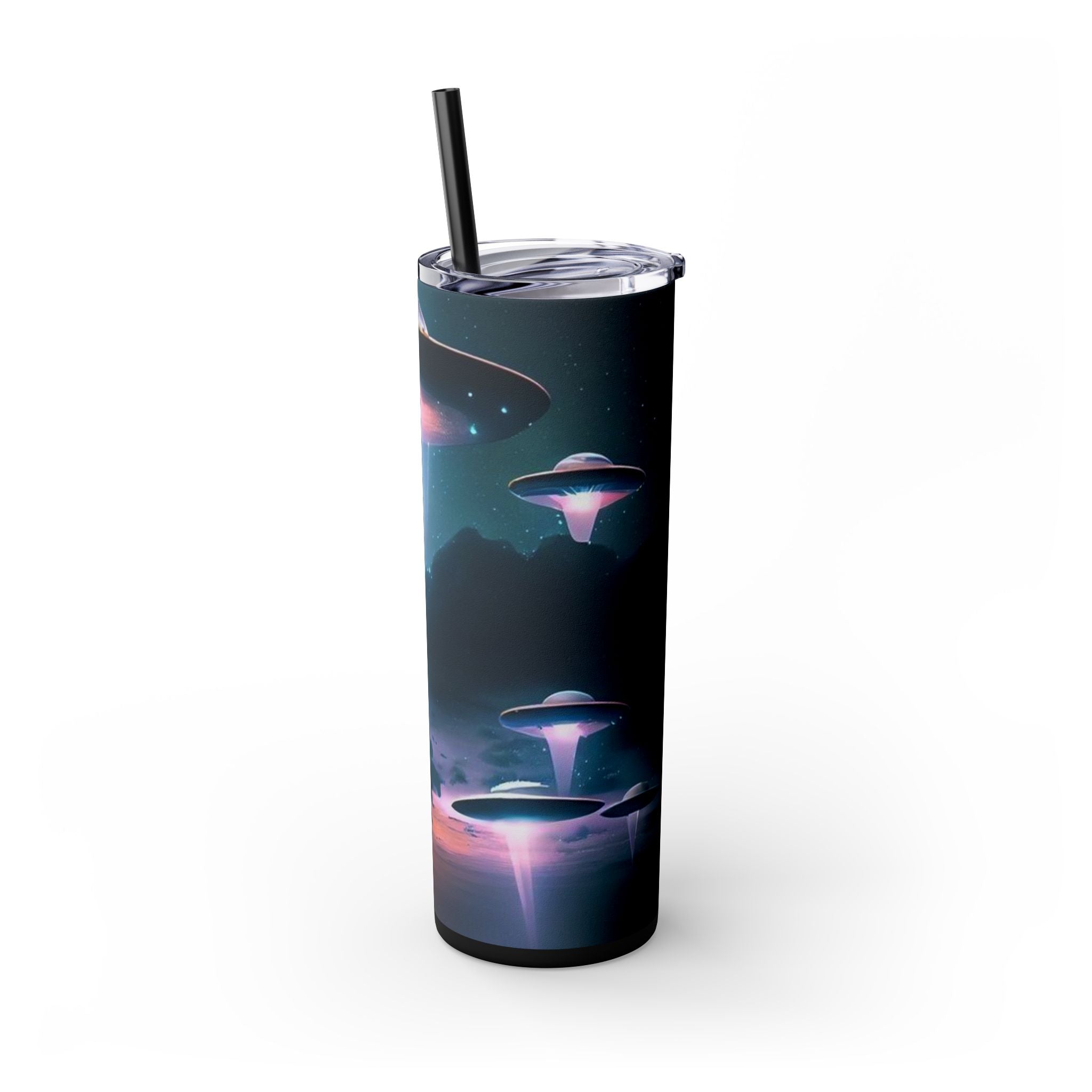 Cosmic Alien Skinny Tumbler with Straw, 20oz | Space Drinkware, Gift for Sci-Fi Lovers, Unique Cup for Outdoor Events, UFO Enthusiasts