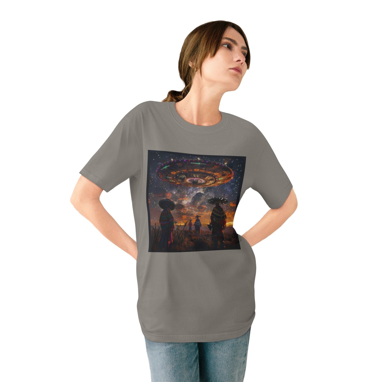 Cosmic Alien Encounter T-Shirt, Unisex Graphic Tee, Space Themed Shirt, Festival Wear, Unique Gift for Sci-Fi Lovers, Bohemian Style
