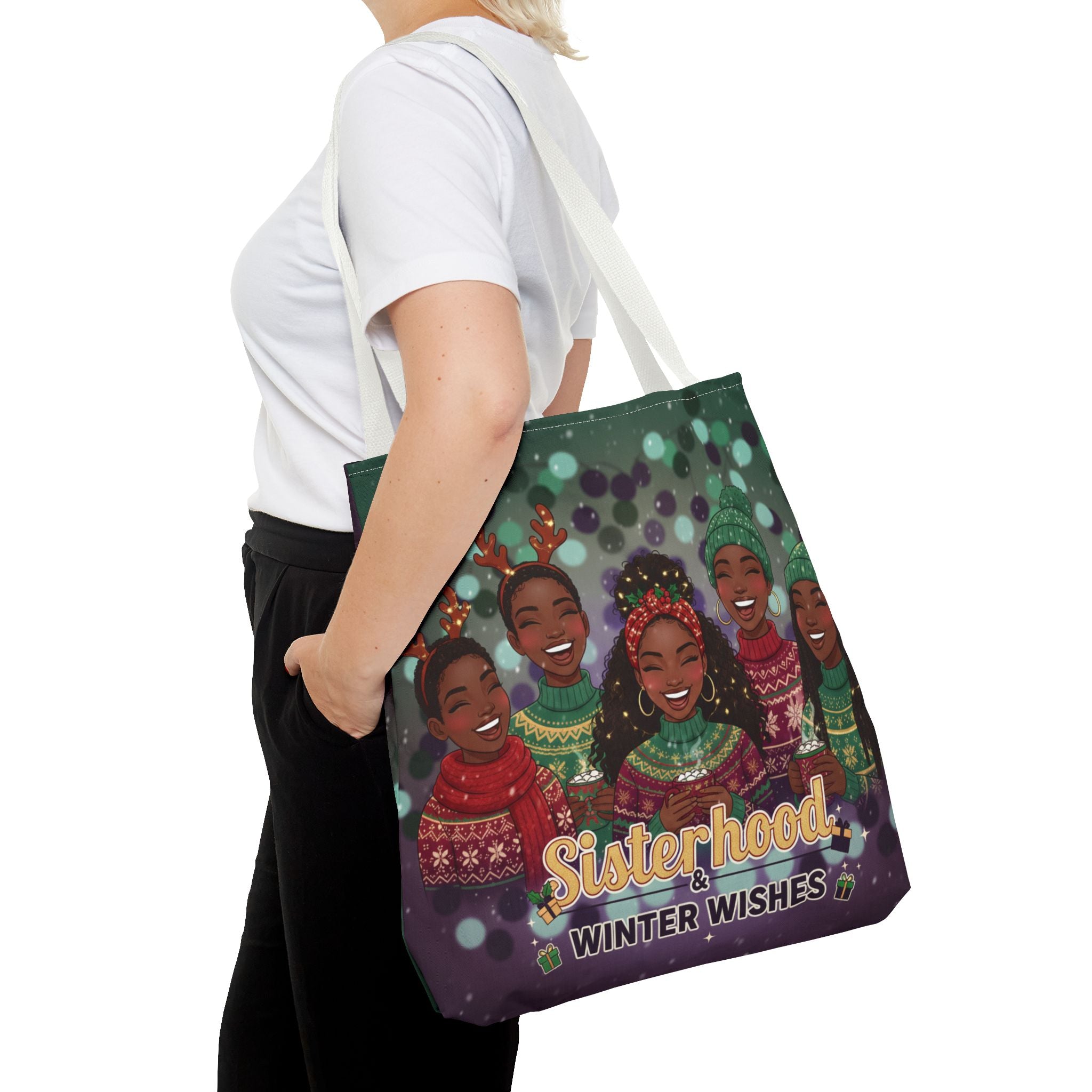 Sisterhood Winter Wishes Holiday Tote Bag — Festive Afrocentric Christmas Market Bag