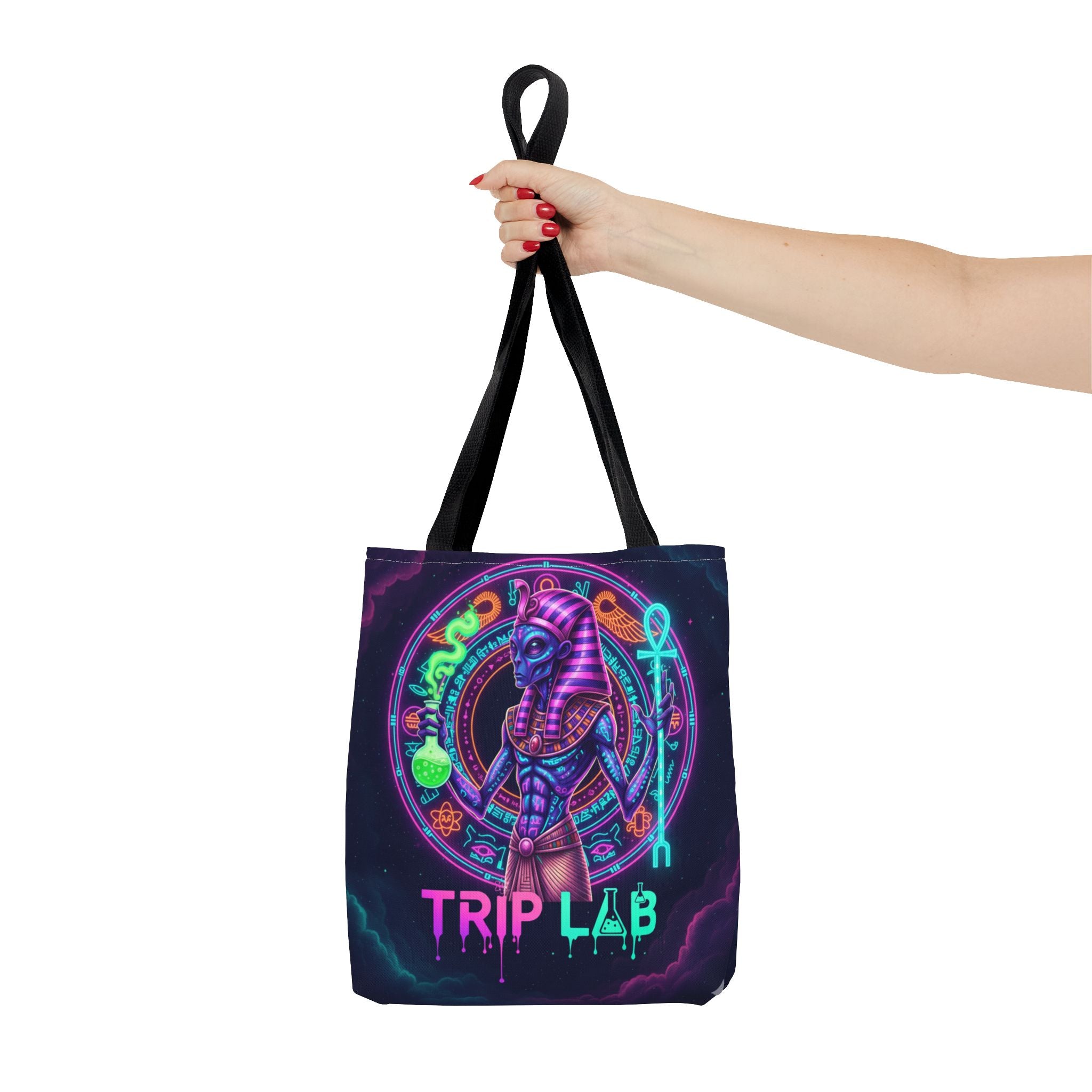 Psychedelic Trip Lab Tote Bag — Neon Ancient-Egypt Anubis All-Over Print
