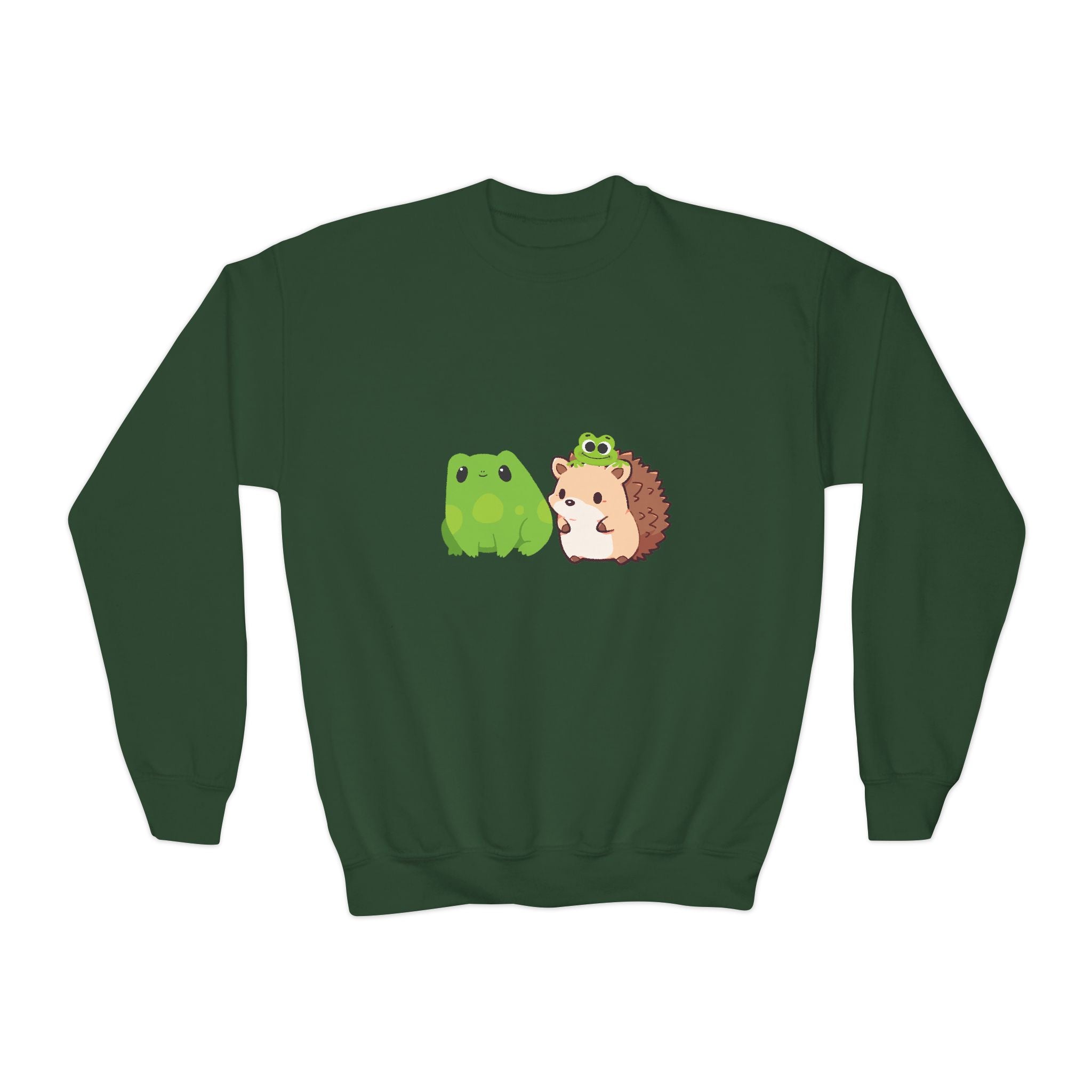 Cute Animal Friends Youth Crewneck Sweatshirt, Adorable Frog and Hedgehog Design, Perfect Gift for Kids, Fun Casual Wear, Birthday and