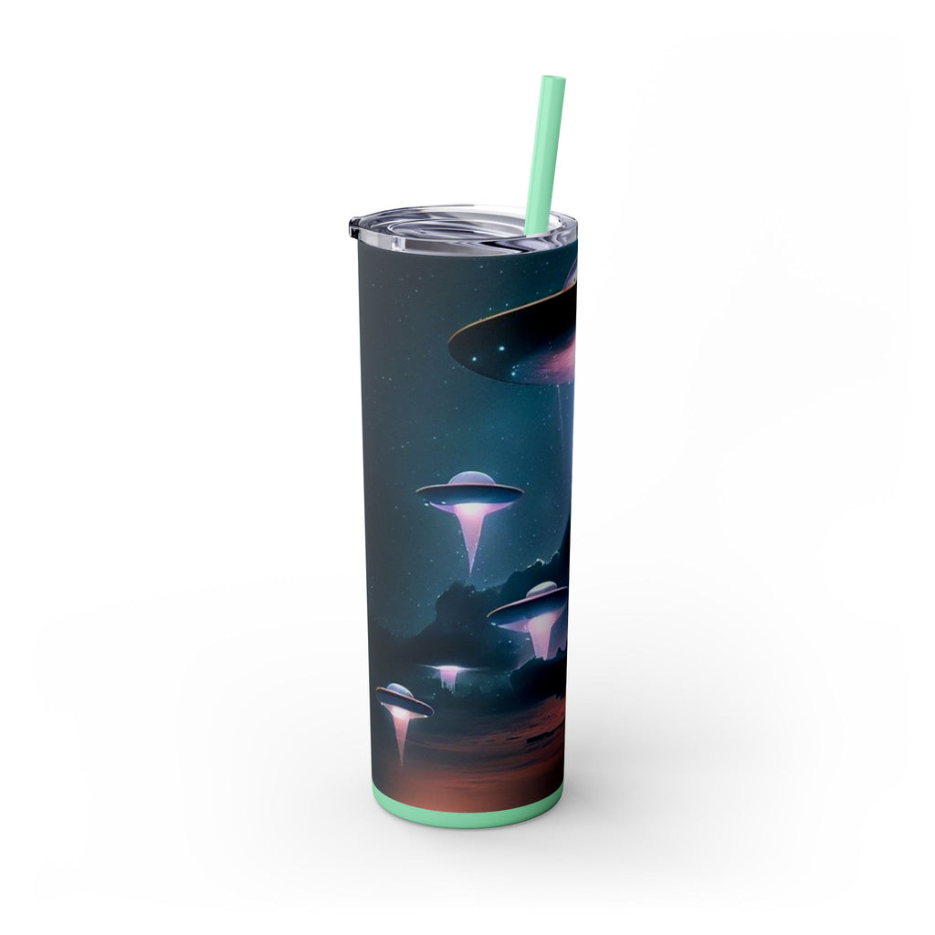 Cosmic Alien Skinny Tumbler with Straw, 20oz | Space Drinkware, Gift for Sci-Fi Lovers, Unique Cup for Outdoor Events, UFO Enthusiasts