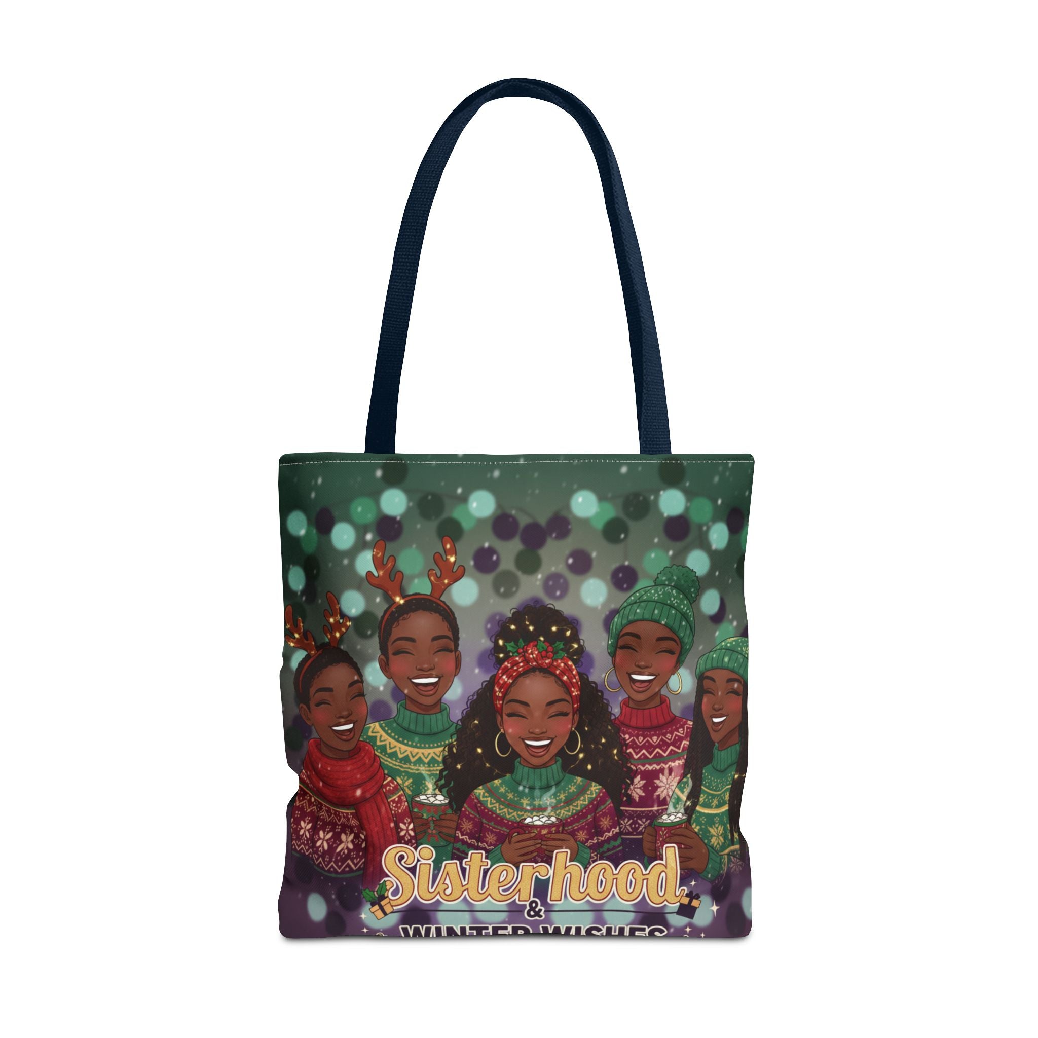 Sisterhood Winter Wishes Holiday Tote Bag — Festive Afrocentric Christmas Market Bag