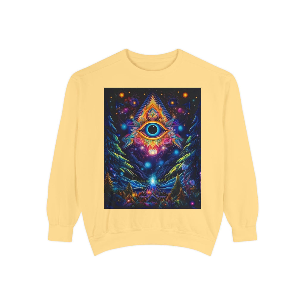 Cosmic Eye Unisex Garment-Dyed Sweatshirt, Psychedelic Sweatshirt, Spiritual Apparel, Gift for Nature Lovers, Festival Clothing, Comfortable