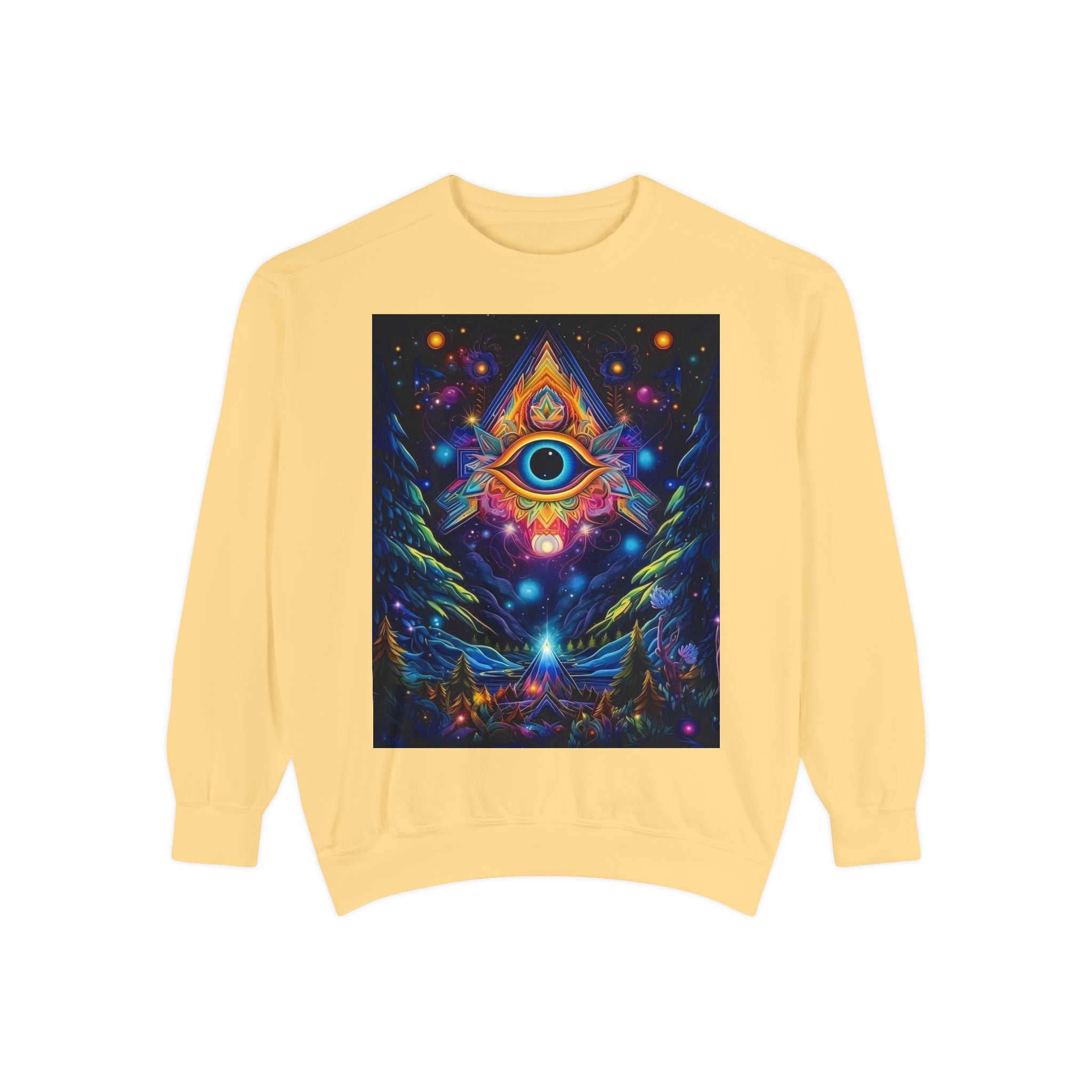 Cosmic Eye Unisex Garment-Dyed Sweatshirt, Psychedelic Sweatshirt, Spiritual Apparel, Gift for Nature Lovers, Festival Clothing, Comfortable