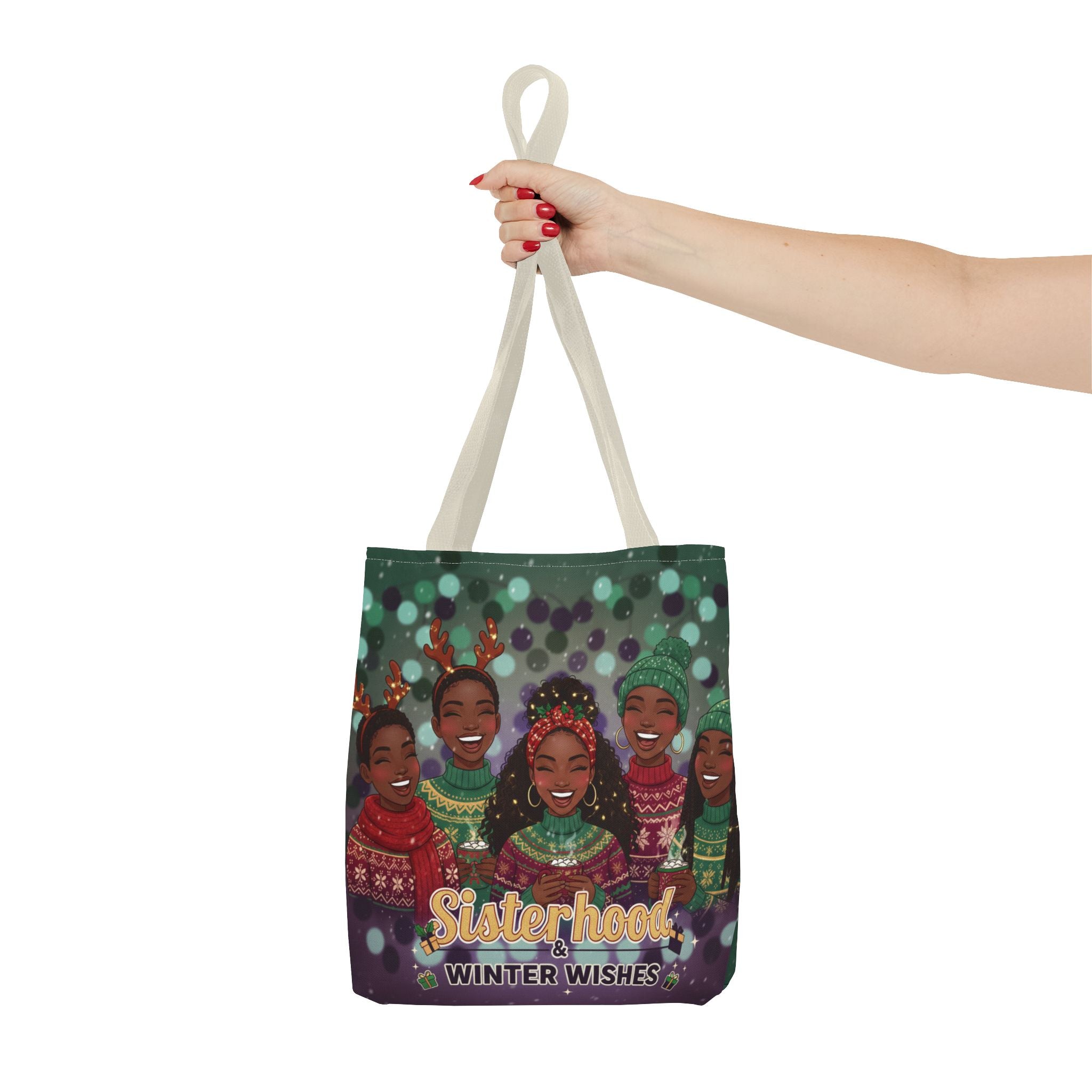 Sisterhood Winter Wishes Holiday Tote Bag — Festive Afrocentric Christmas Market Bag