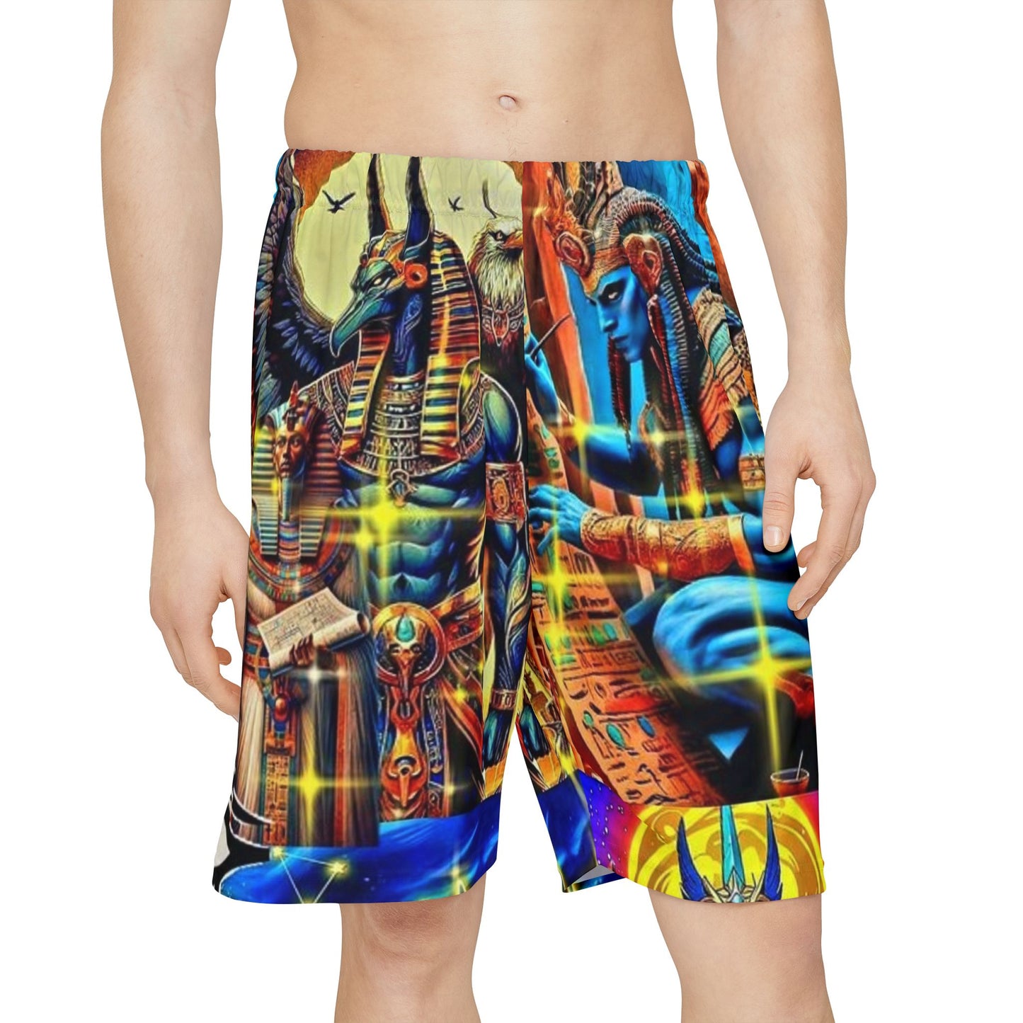 Vibrant Men's Sports Shorts with Egyptian Art, Athletic Wear, Dance Shorts, Casual Summer Shorts, Unique Gift for Him