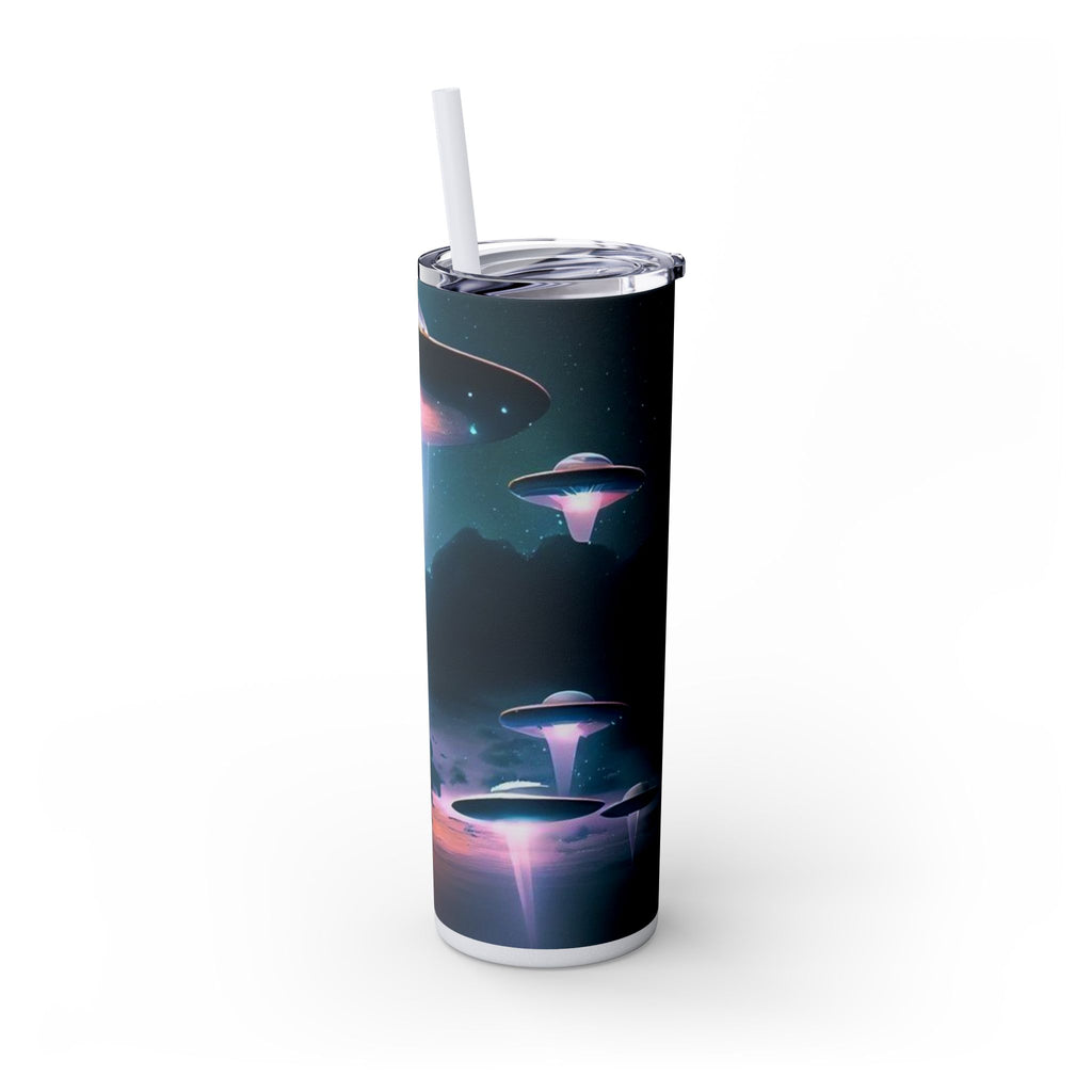 Cosmic Alien Skinny Tumbler with Straw, 20oz | Space Drinkware, Gift for Sci-Fi Lovers, Unique Cup for Outdoor Events, UFO Enthusiasts