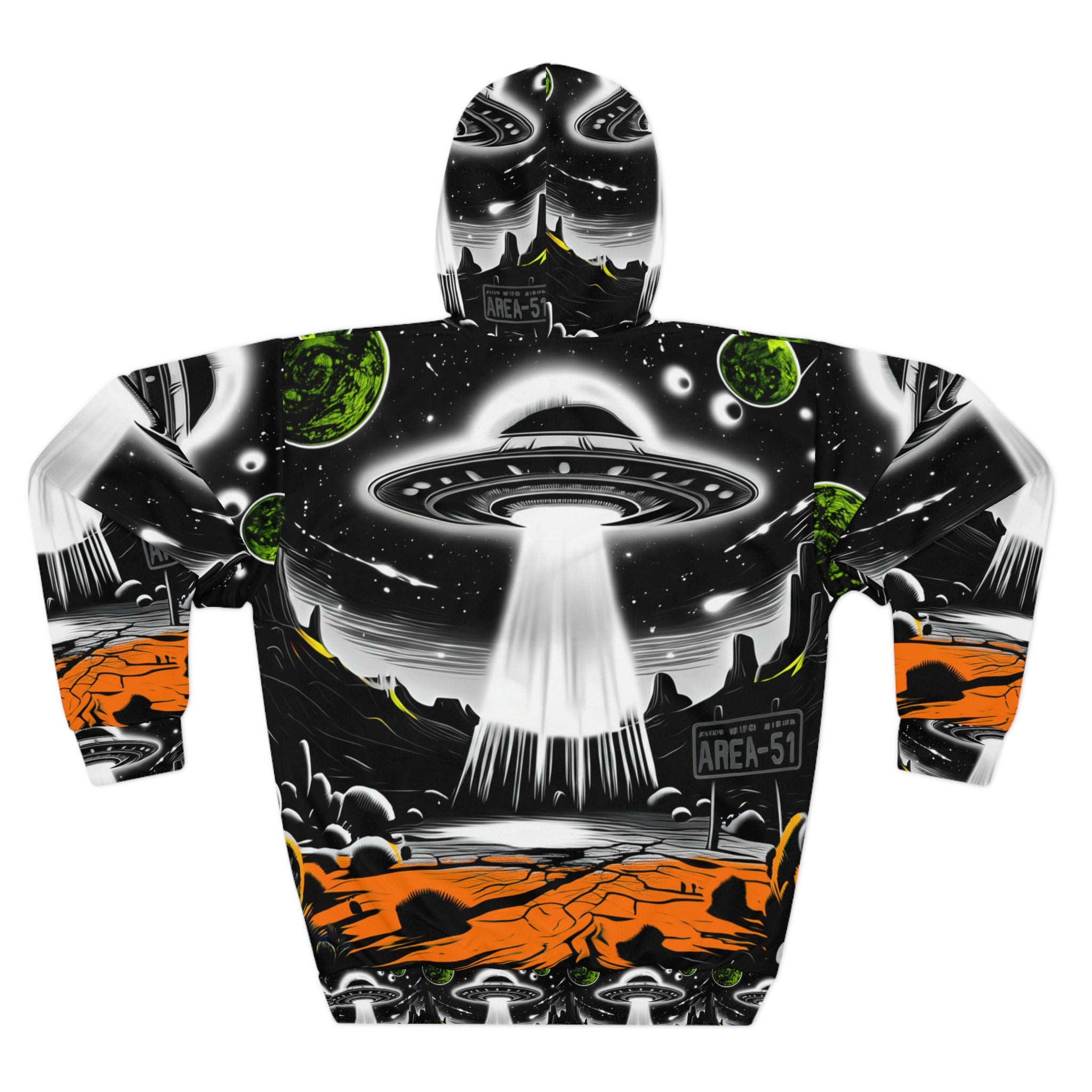 Cosmic Alien Print Hoodie, Unisex Pullover, Area 51 Design, Fun Gift for Space Lovers, Unique Outer Space Apparel, Perfect for Sci-Fi Fans