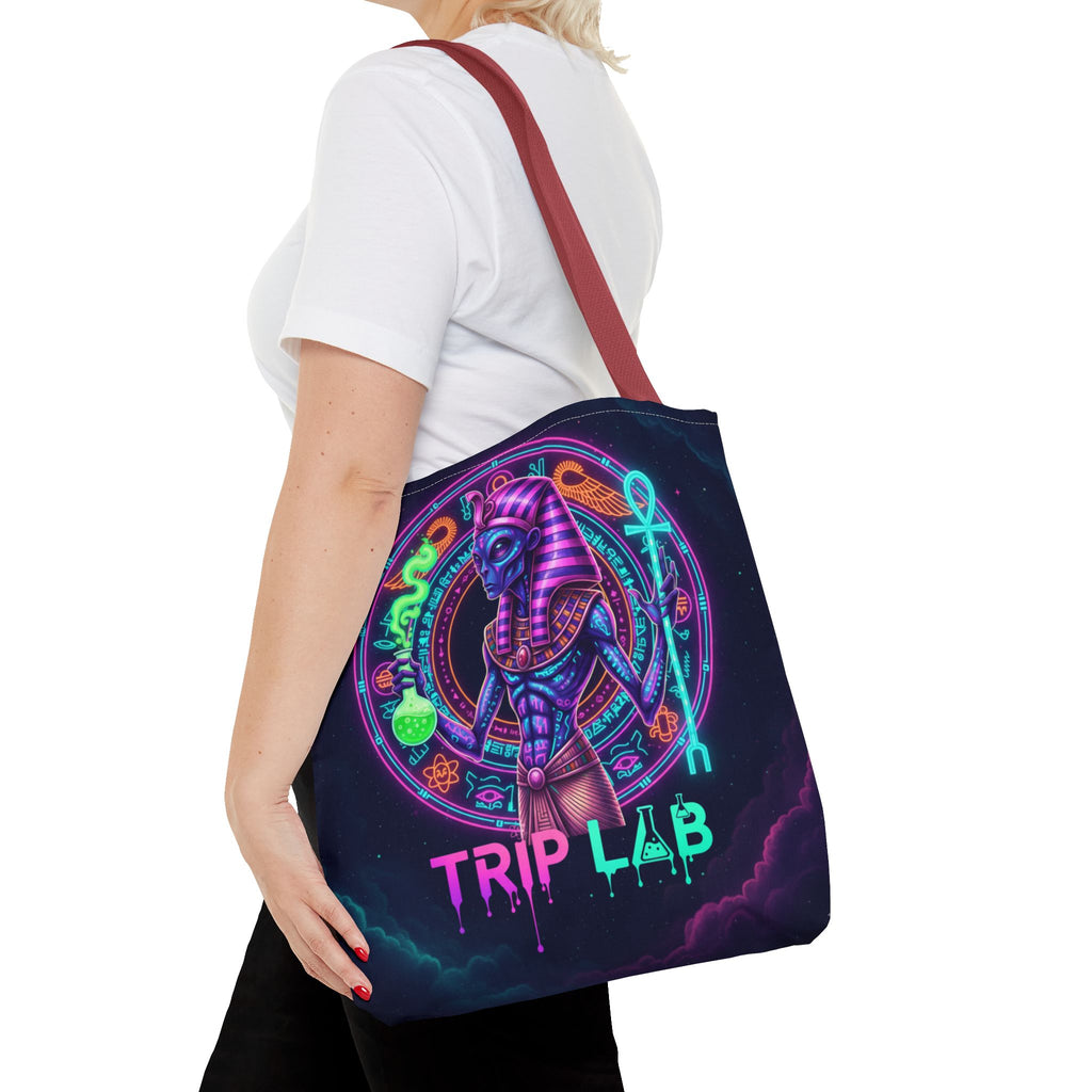 Psychedelic Trip Lab Tote Bag — Neon Ancient-Egypt Anubis All-Over Print