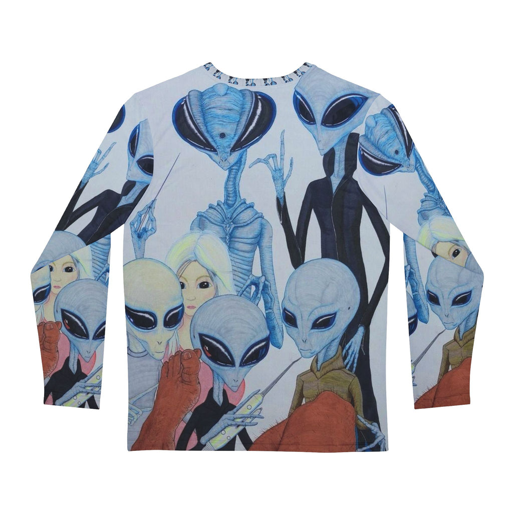 Alien Party Men's Long Sleeve Shirt, Cool Graphic Tee, Sci-Fi Fan Gift, Unique Casual Wear, Outer Space Design, Unisex Apparel