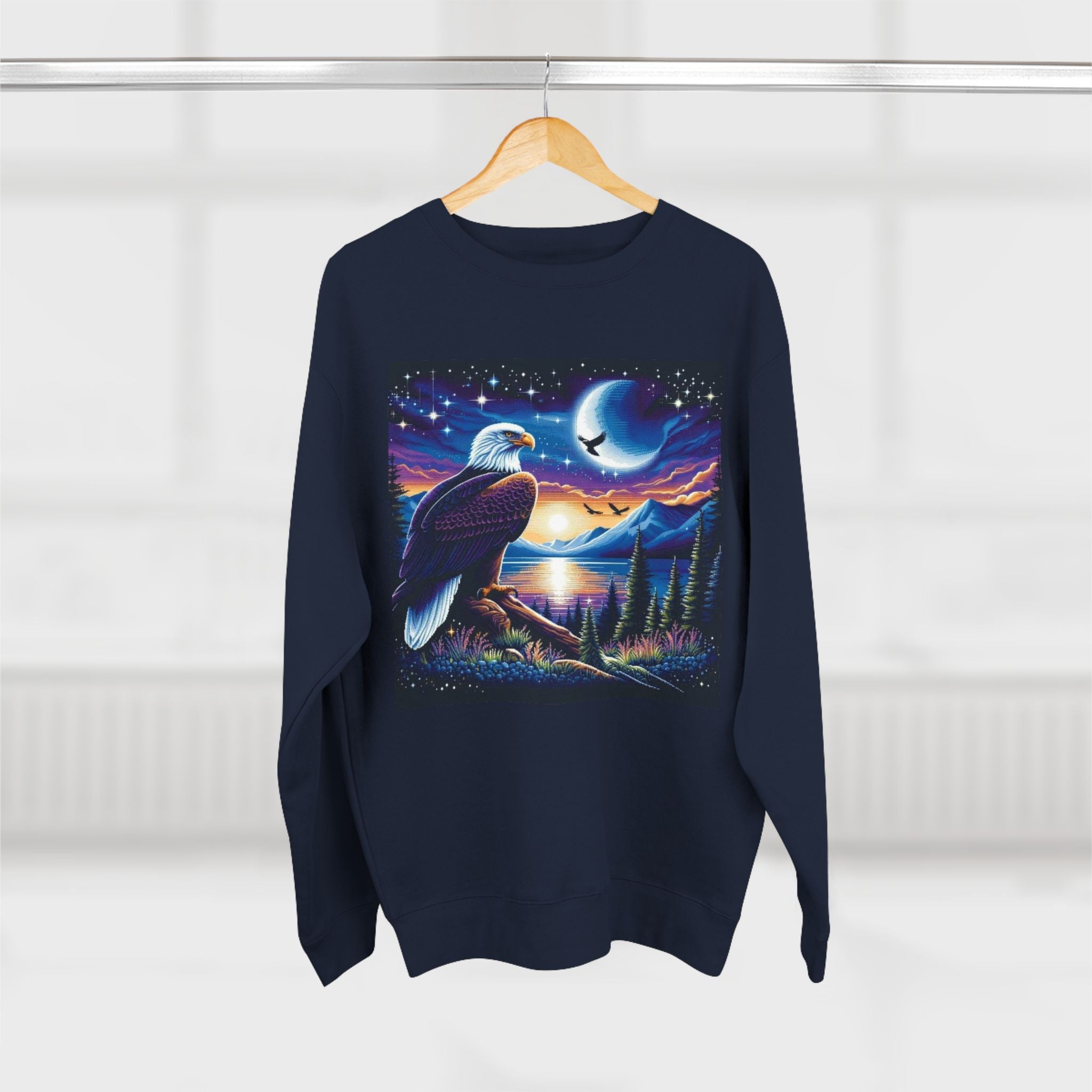 Nature-Inspired Unisex Crewneck Sweatshirt with Eagle & Moon Design, Cozy Sweatshirt for Nature Lovers, Perfect Gift for Birthdays, Outdoor