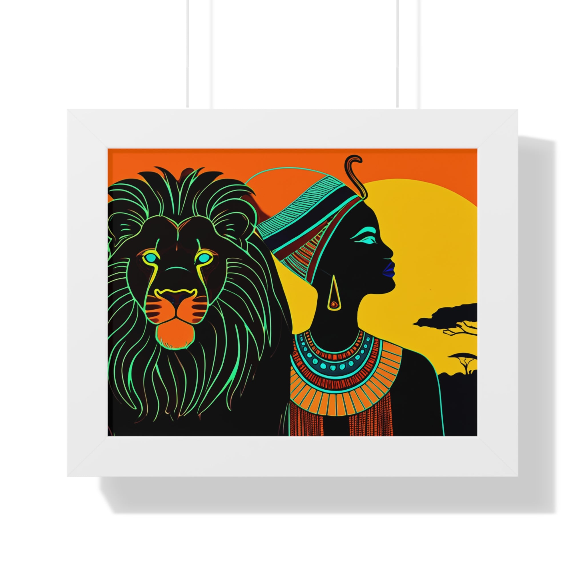 African Heritage Wall Art, Stunning Lion and Queen Framed Poster, Home Decor, Gift for Nature Lovers, Vibrant Cultural Print