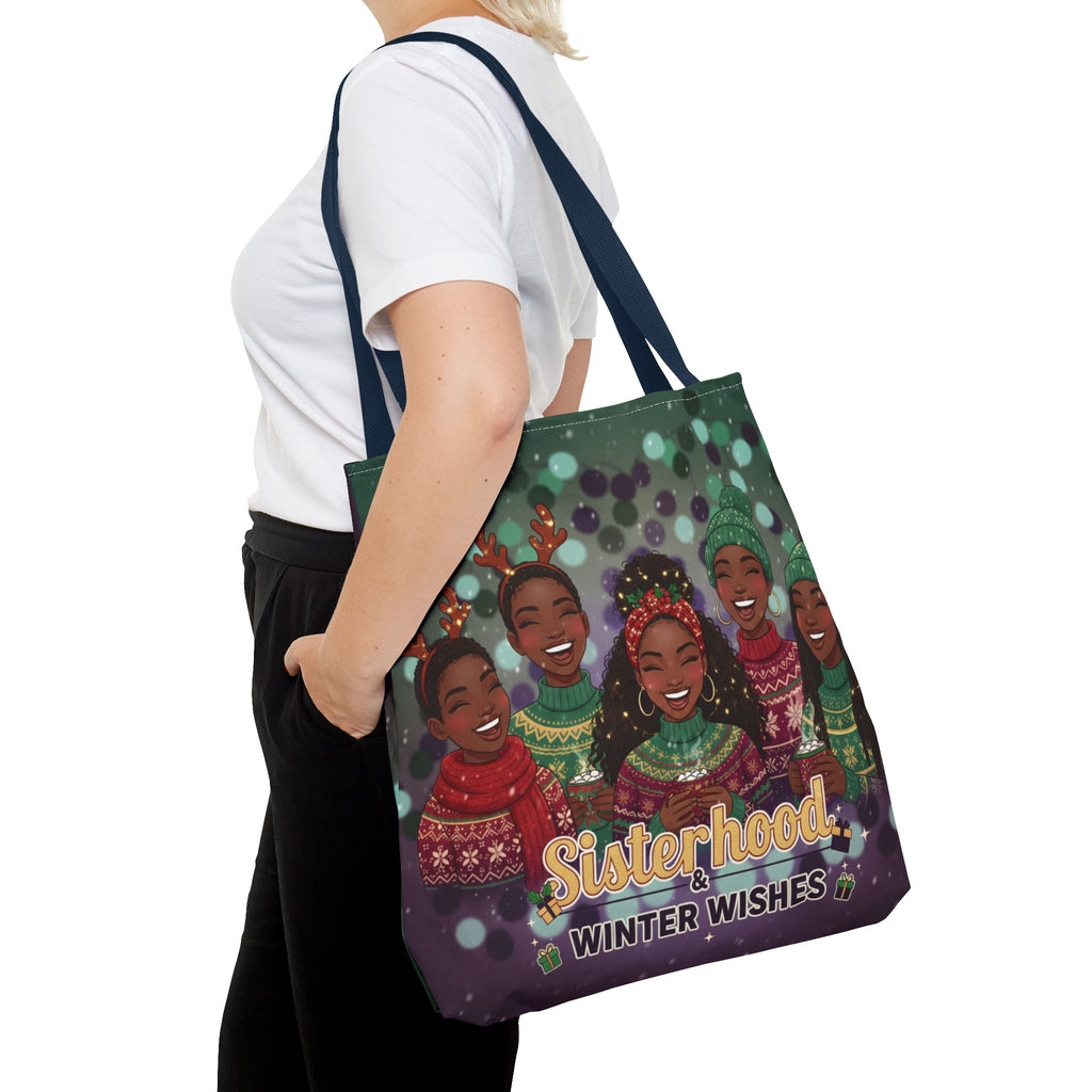 Sisterhood Winter Wishes Holiday Tote Bag — Festive Afrocentric Christmas Market Bag