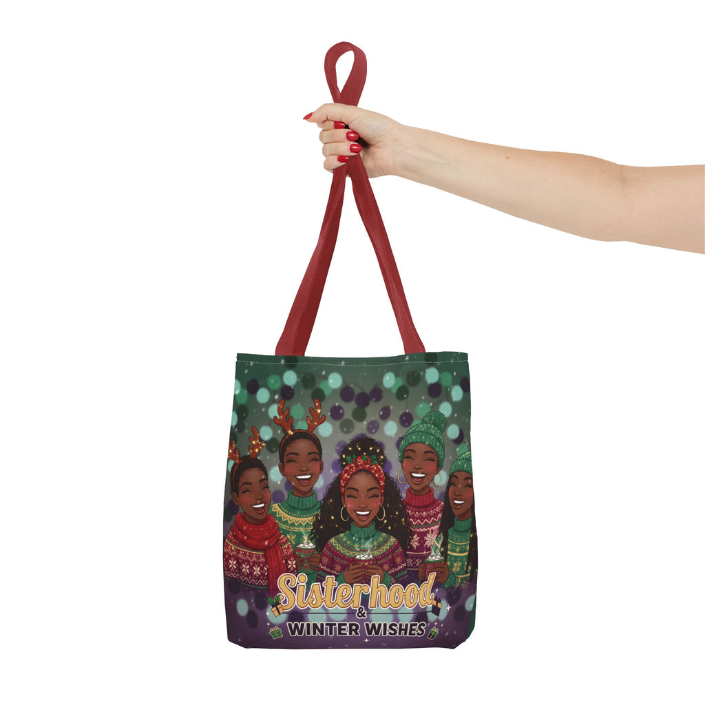 Sisterhood Winter Wishes Holiday Tote Bag — Festive Afrocentric Christmas Market Bag