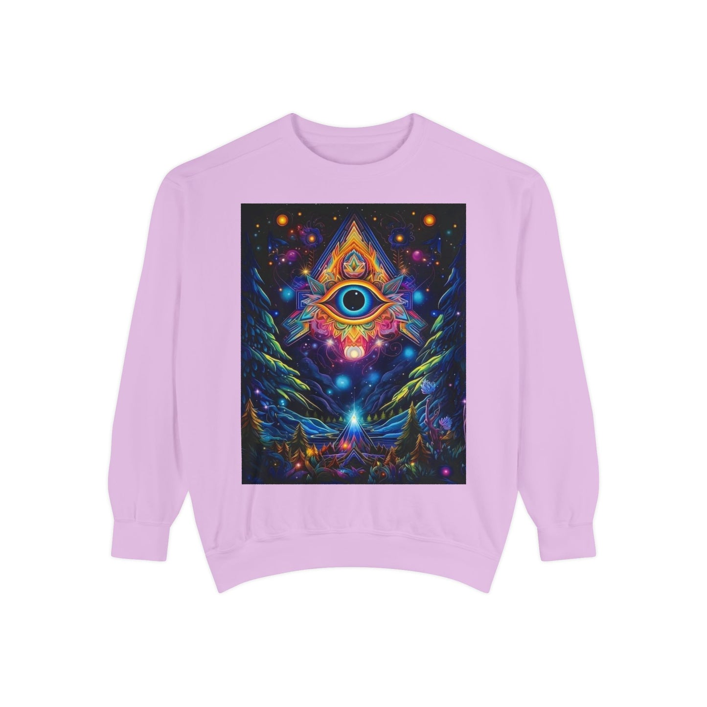 Cosmic Eye Unisex Garment-Dyed Sweatshirt, Psychedelic Sweatshirt, Spiritual Apparel, Gift for Nature Lovers, Festival Clothing, Comfortable