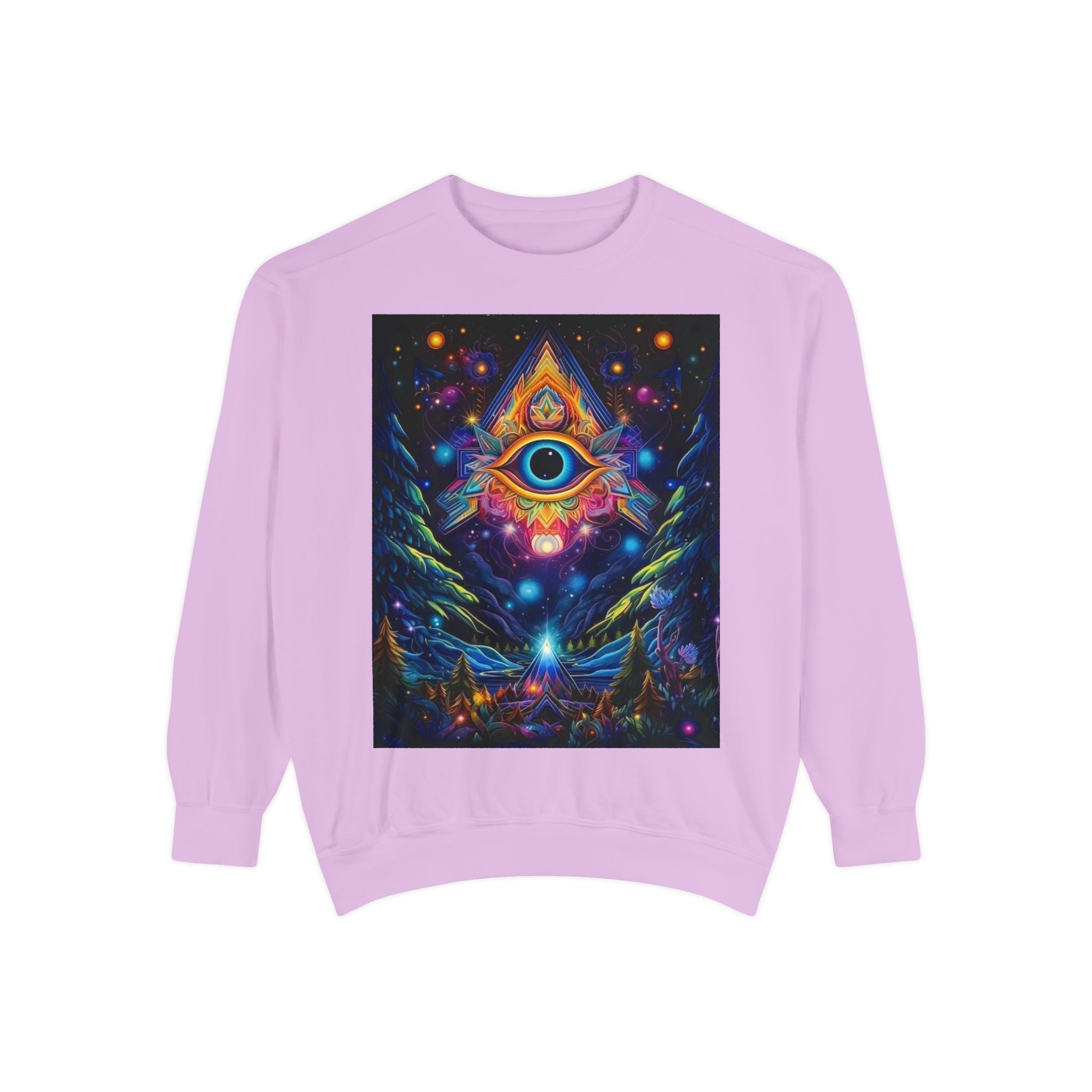 Cosmic Eye Unisex Garment-Dyed Sweatshirt, Psychedelic Sweatshirt, Spiritual Apparel, Gift for Nature Lovers, Festival Clothing, Comfortable