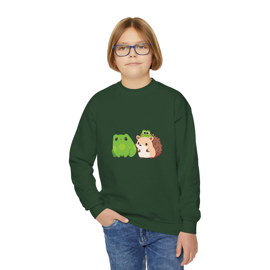 Cute Animal Friends Youth Crewneck Sweatshirt, Adorable Frog and Hedgehog Design, Perfect Gift for Kids, Fun Casual Wear, Birthday and