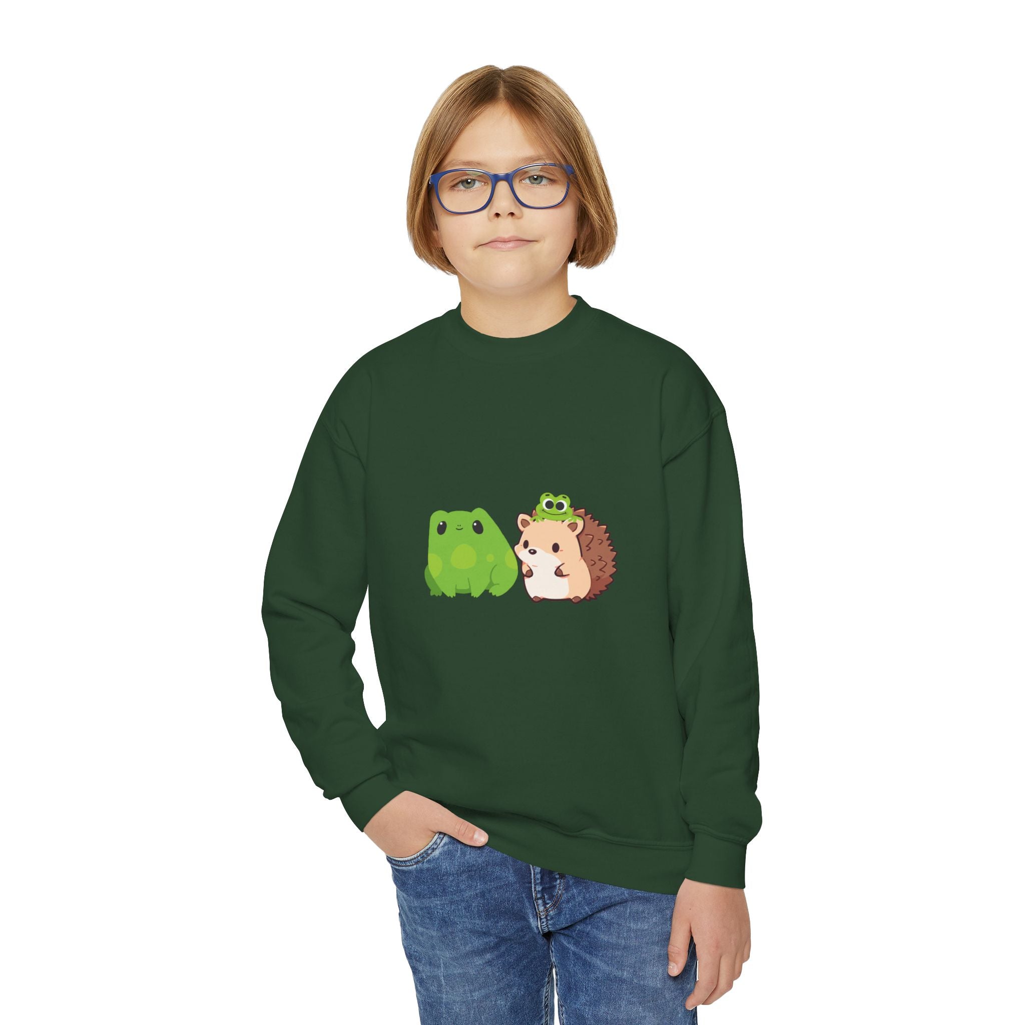 Cute Animal Friends Youth Crewneck Sweatshirt, Adorable Frog and Hedgehog Design, Perfect Gift for Kids, Fun Casual Wear, Birthday and