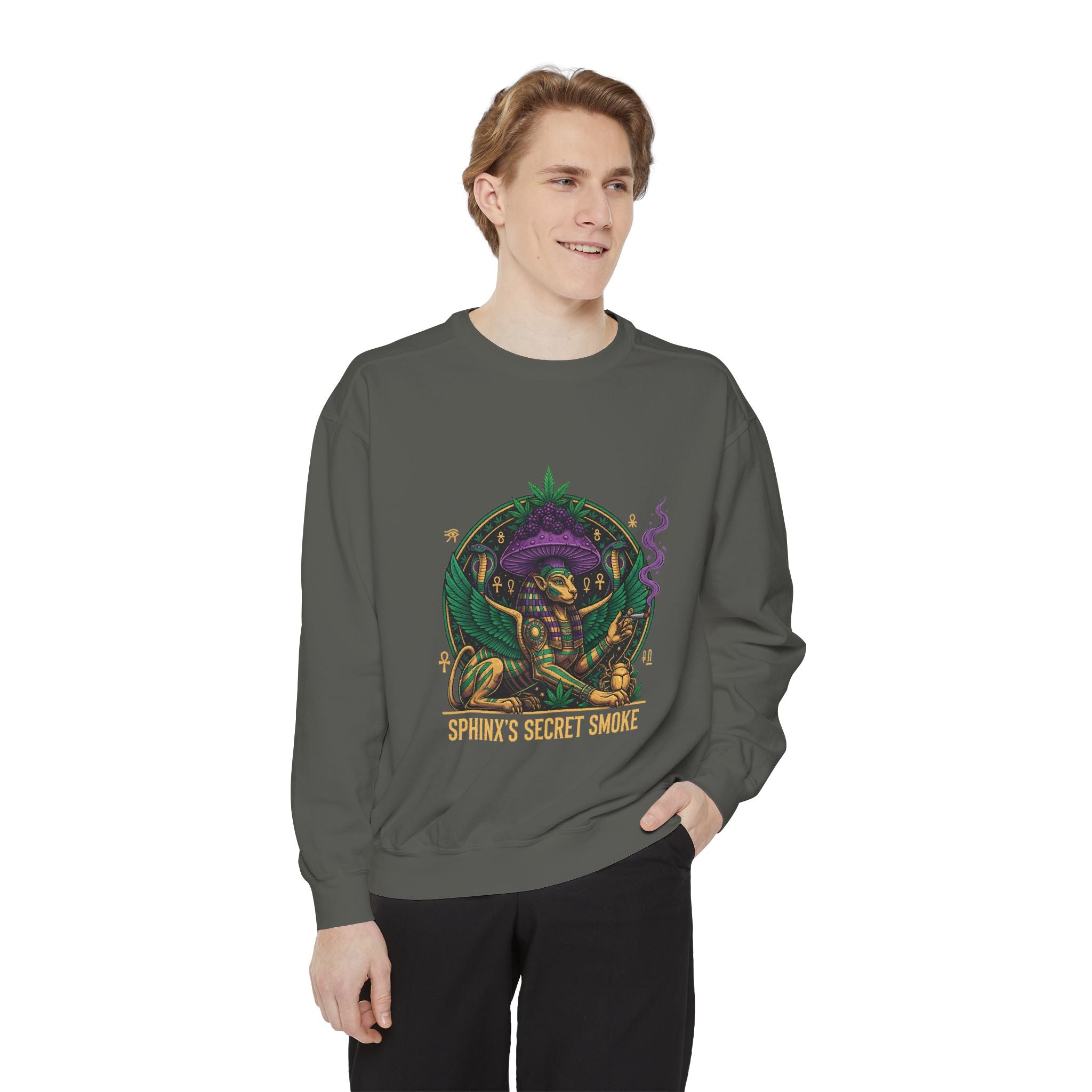 Sphinx's Secret Smoke Sweatshirt — Mystical Egyptian Sphinx Graphic Crewneck