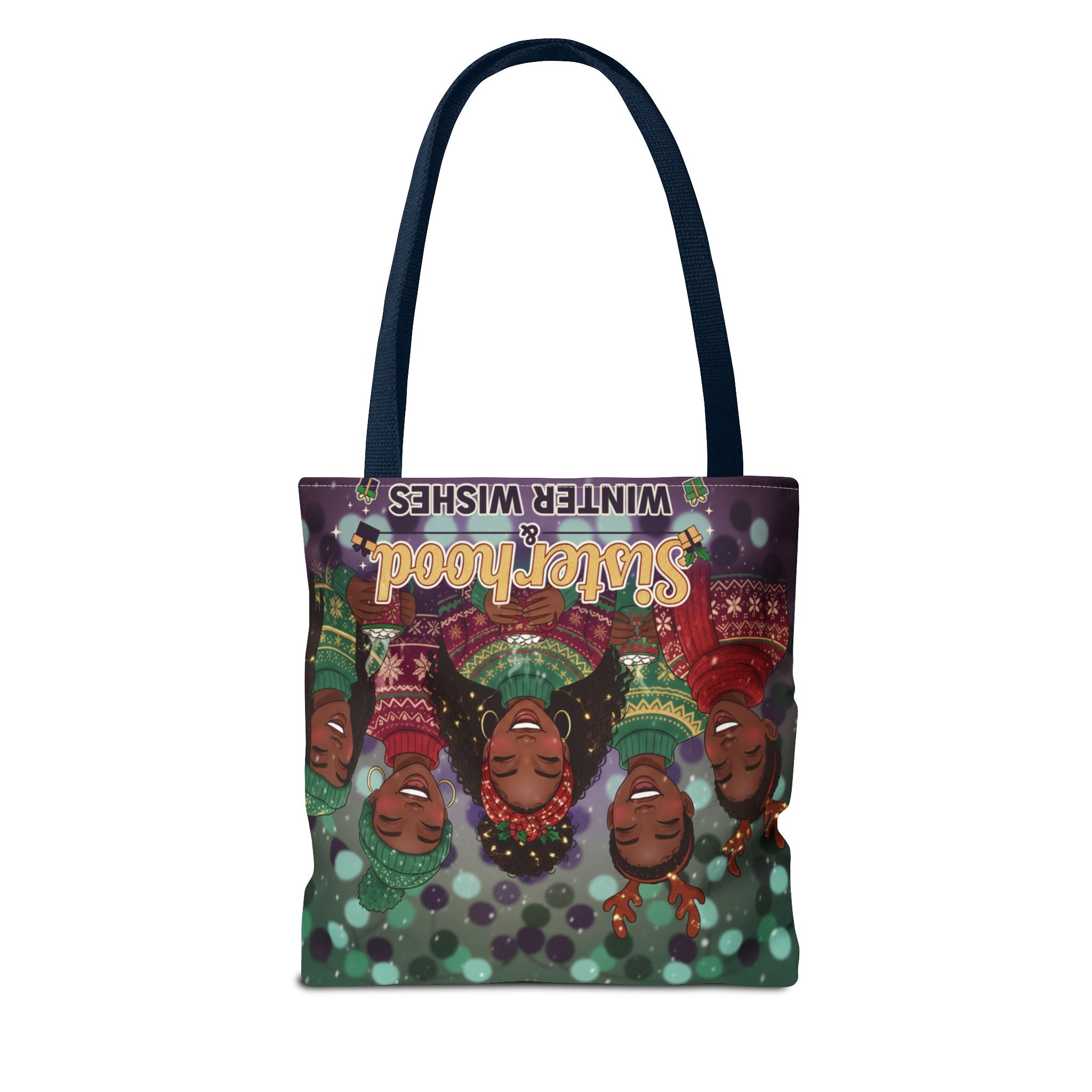 Sisterhood Winter Wishes Holiday Tote Bag — Festive Afrocentric Christmas Market Bag