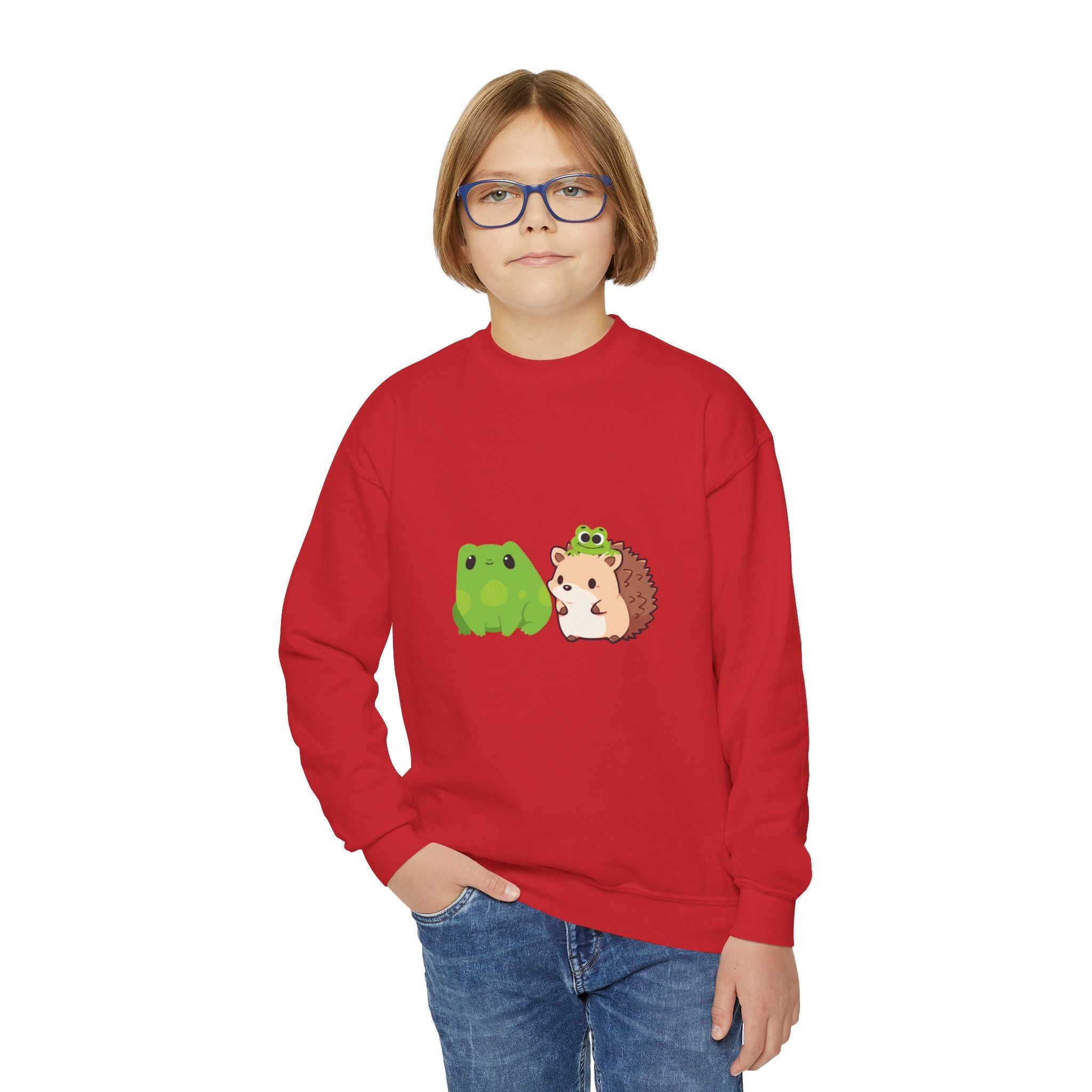 Cute Animal Friends Youth Crewneck Sweatshirt, Adorable Frog and Hedgehog Design, Perfect Gift for Kids, Fun Casual Wear, Birthday and
