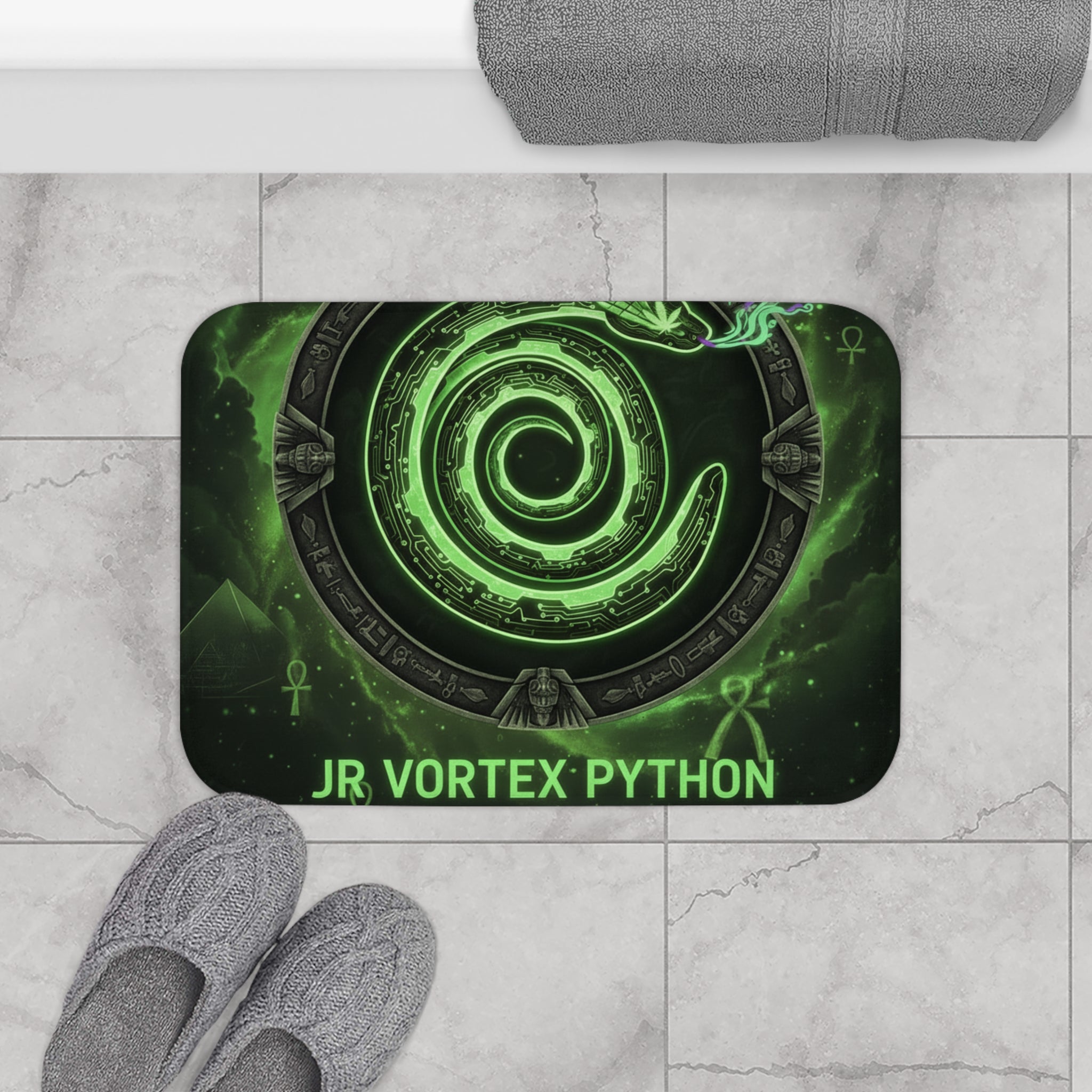 Mystical Spiral Bath Mat - JR Vortex Python Theme, Boho Home Decor, Unique Bathroom Accent, Gift for Esoteric Enthusiasts, Green Energy Mat
