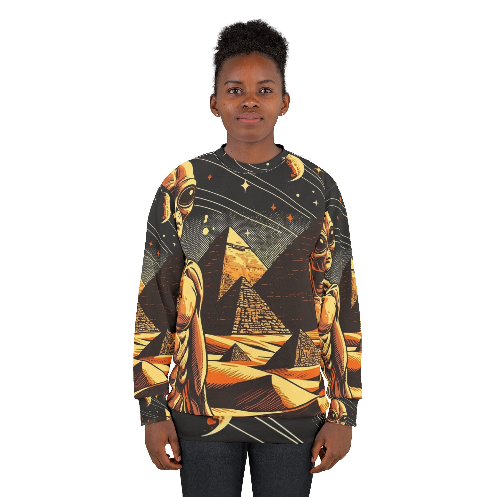 Galactic Alien Sweatshirt, Unisex AOP Sweater for Sci-Fi Lovers, Cozy Top for Everyday Wear, Perfect Gift for Fans, Unique Space Art