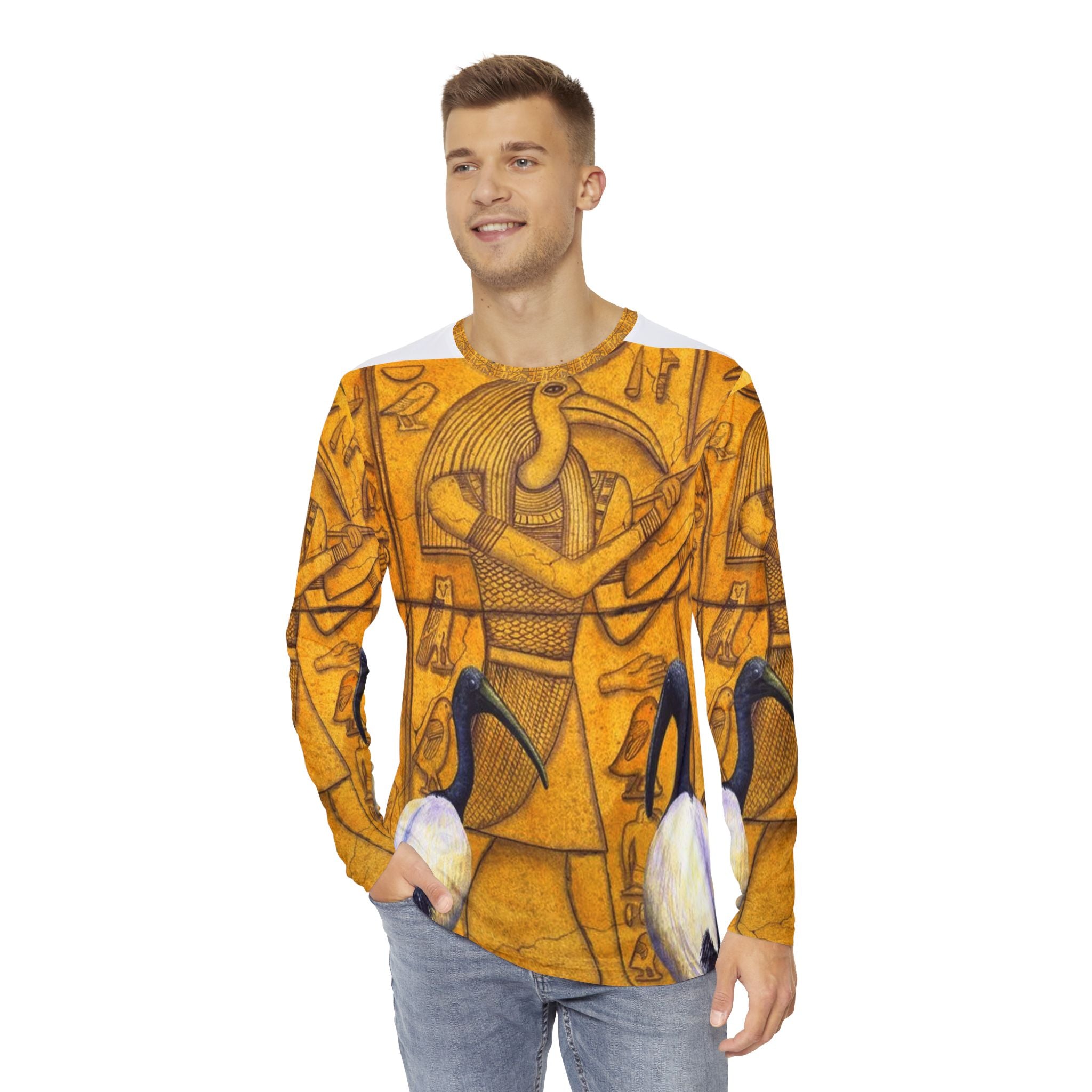 Men's Long Sleeve Egyptian Print Shirt, Unique Casual Apparel, Gifts for Him, Bohemian Style Top, Trendy Layering Piece