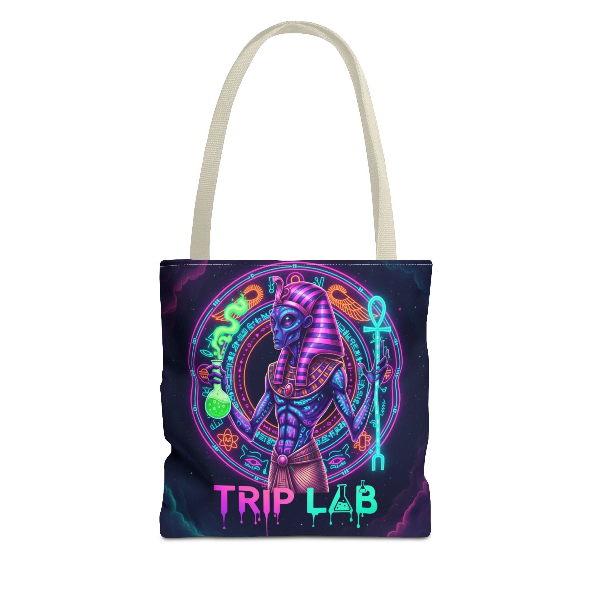 Psychedelic Trip Lab Tote Bag — Neon Ancient-Egypt Anubis All-Over Print