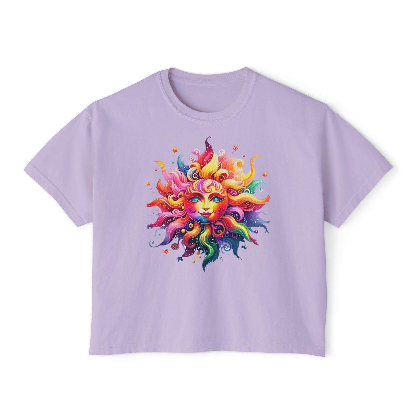 Vibrant Sun Graphic Women's Boxy Tee, Boho T-Shirt, Summer Apparel, Festival Wear, Gifts for Her