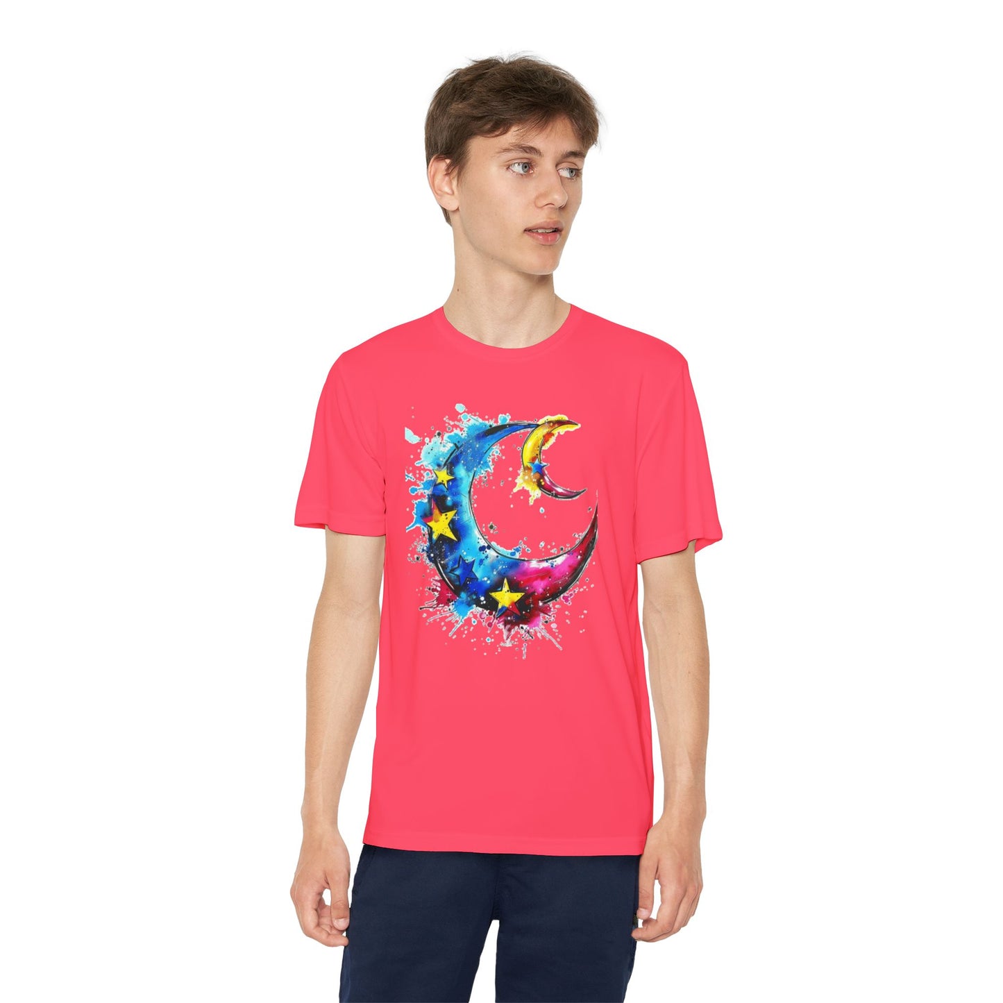 Youth Watercolor Moon Tee - Vibrant Starry Design, Perfect for Kids, Birthday Gift, Summer Wear, Festival Attire, Cosmic Theme