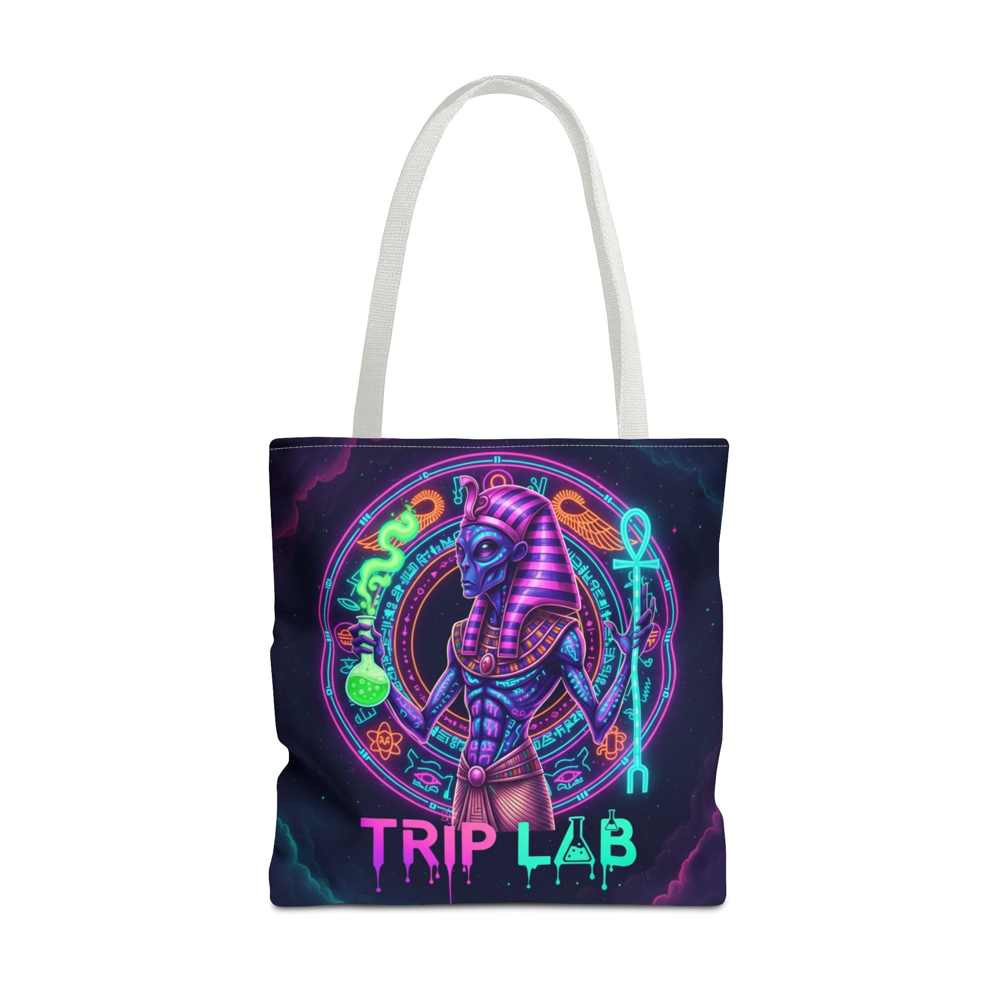 Psychedelic Trip Lab Tote Bag — Neon Ancient-Egypt Anubis All-Over Print
