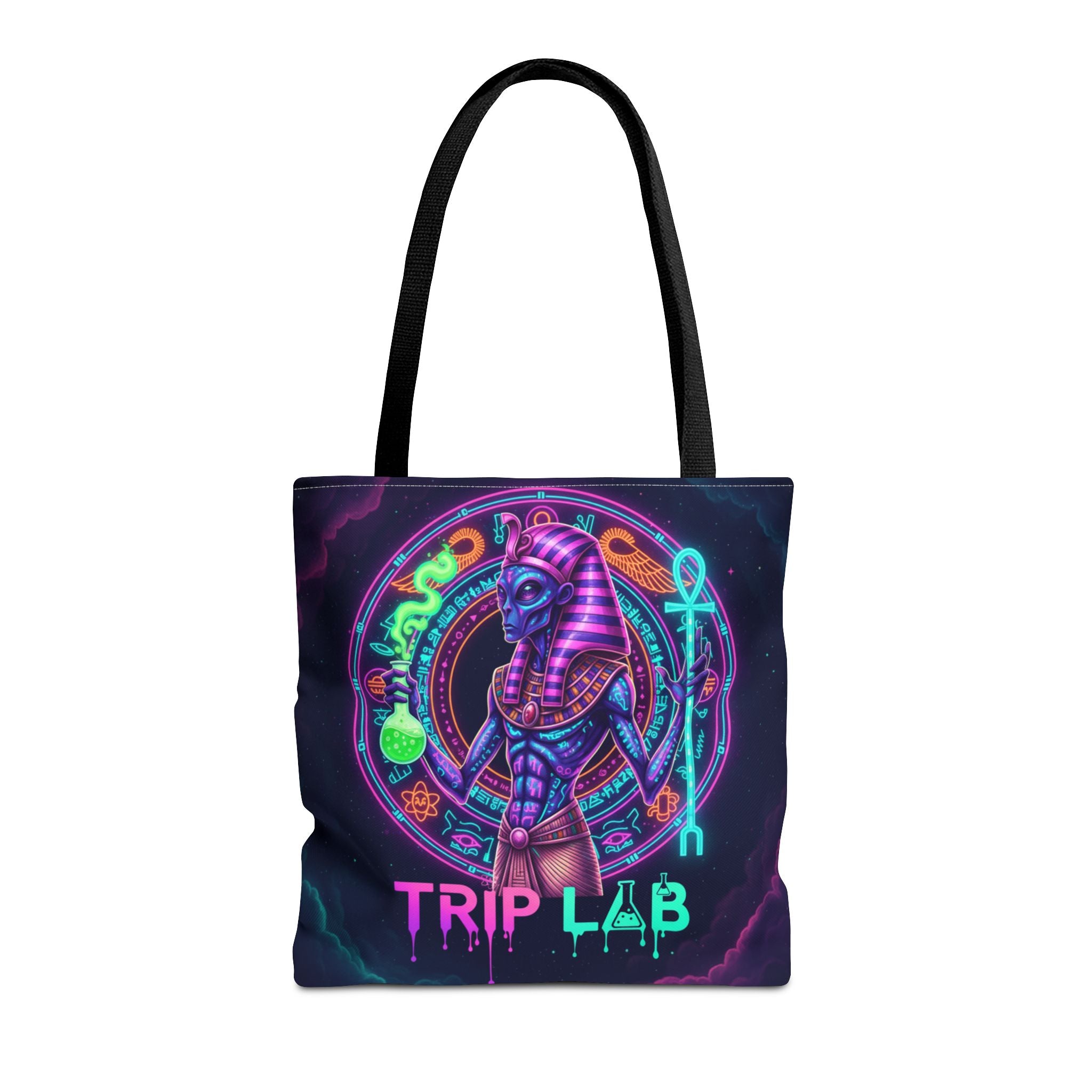 Psychedelic Trip Lab Tote Bag — Neon Ancient-Egypt Anubis All-Over Print