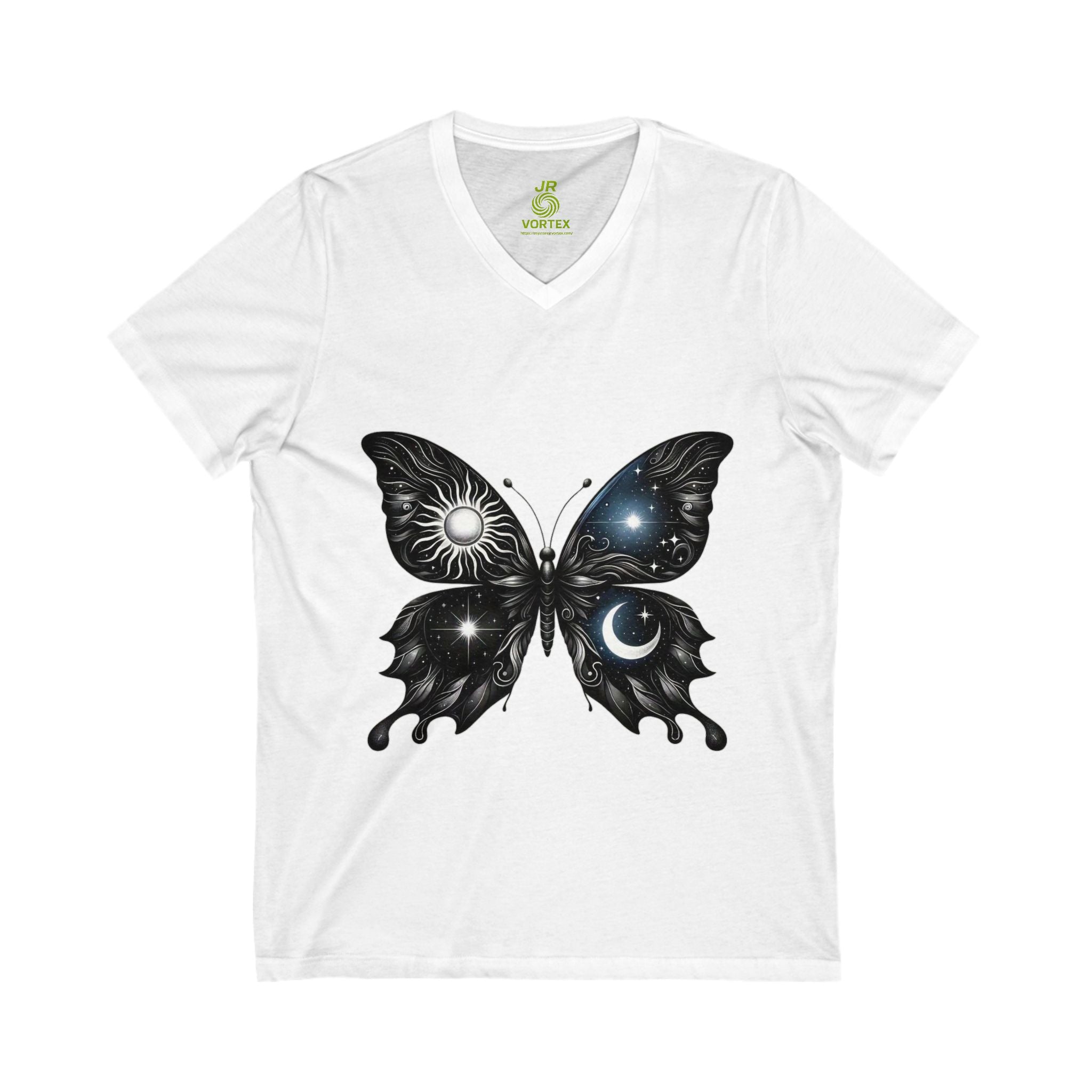 Celestial Butterfly V-Neck Tee | Nature Lover Gift, Boho Shirt, Astrology Tee, Spiritual Fashion, Everyday Wear