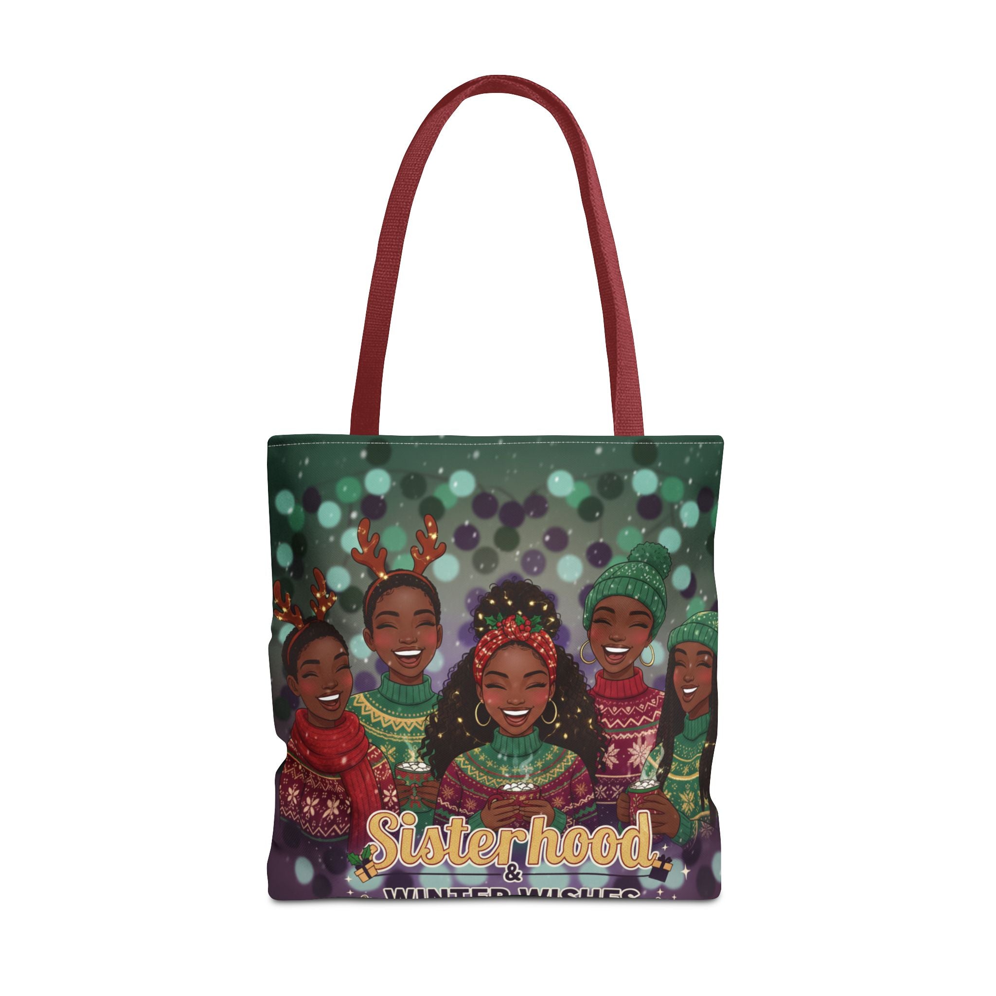 Sisterhood Winter Wishes Holiday Tote Bag — Festive Afrocentric Christmas Market Bag