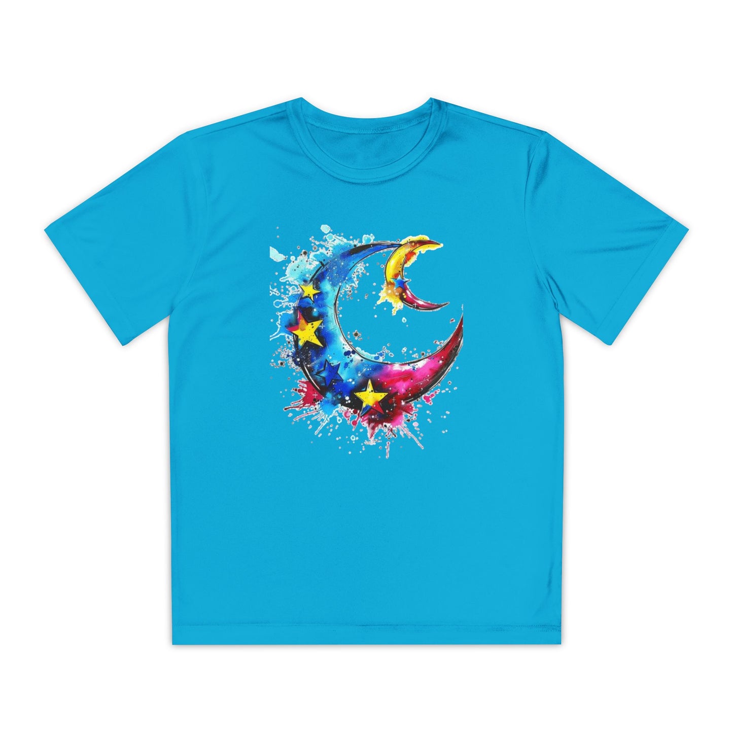 Youth Watercolor Moon Tee - Vibrant Starry Design, Perfect for Kids, Birthday Gift, Summer Wear, Festival Attire, Cosmic Theme