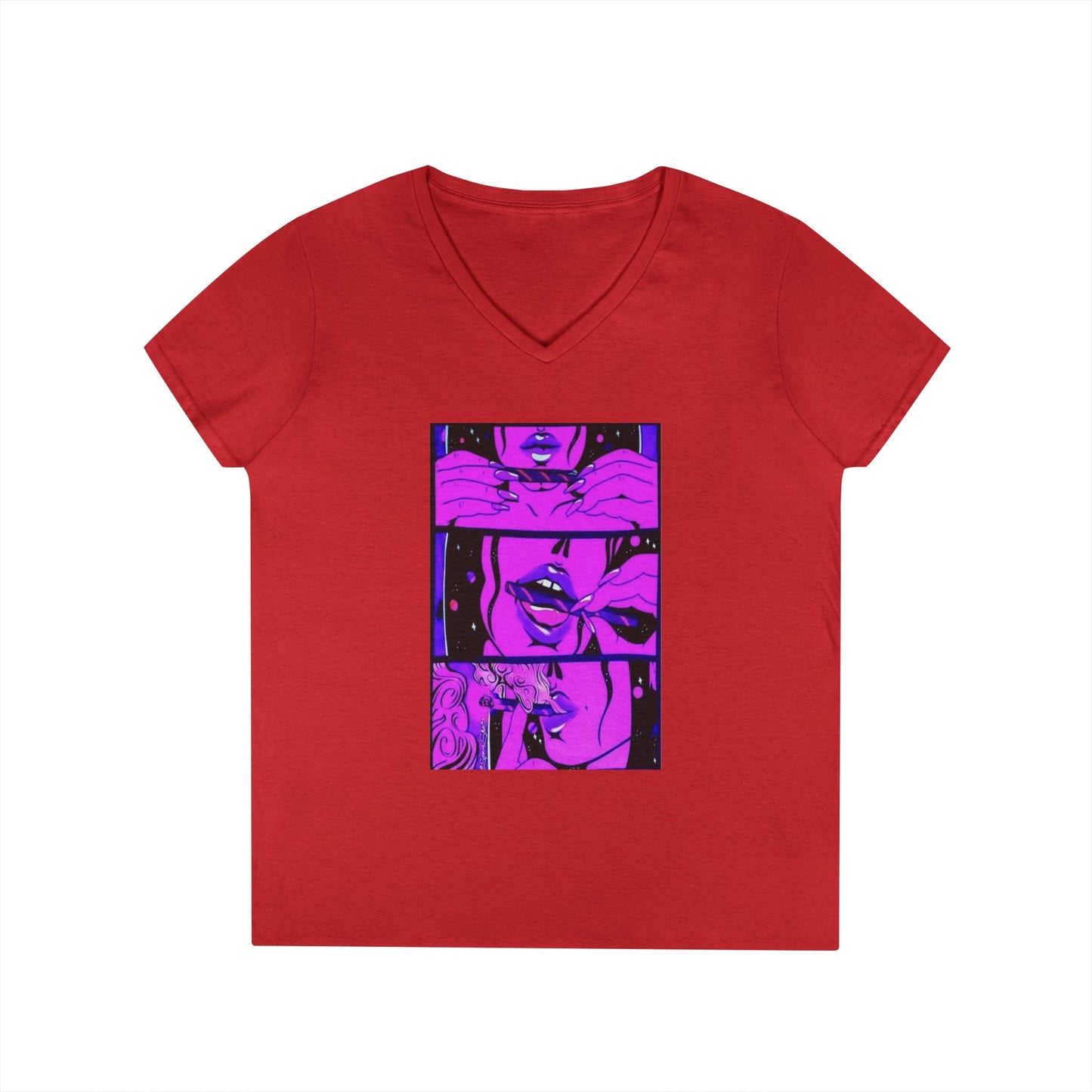 Vibrant Graphic Ladies' V-Neck T-Shirt - Trendy Art Design