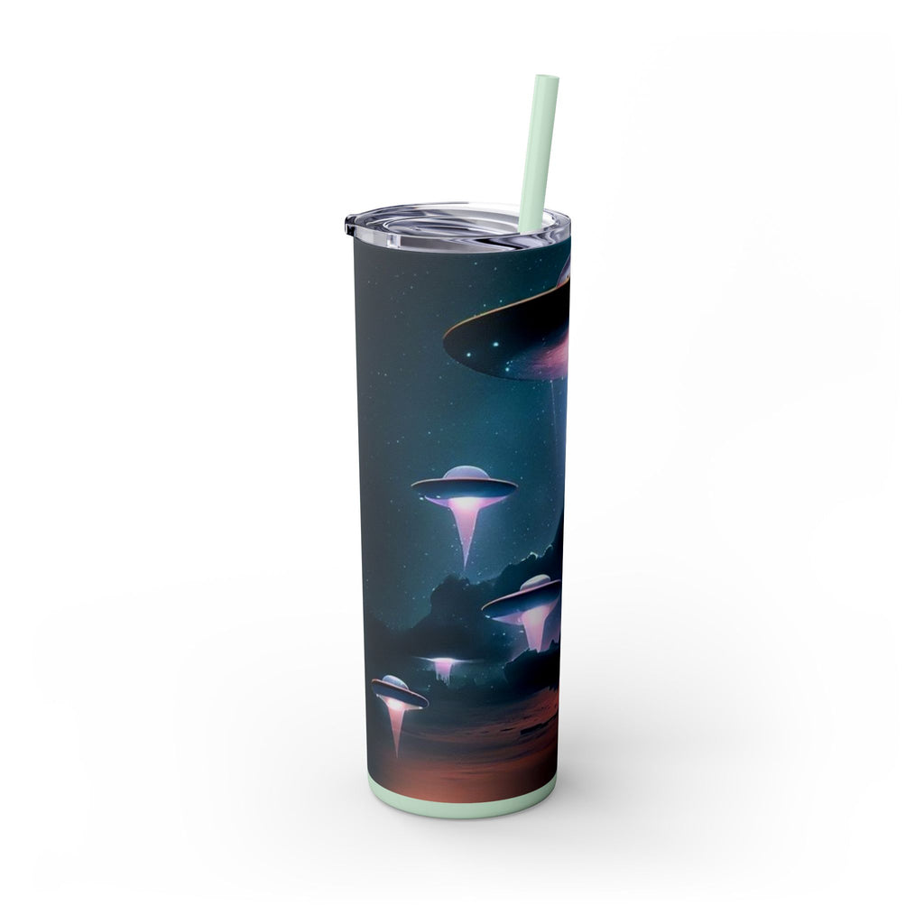 Cosmic Alien Skinny Tumbler with Straw, 20oz | Space Drinkware, Gift for Sci-Fi Lovers, Unique Cup for Outdoor Events, UFO Enthusiasts