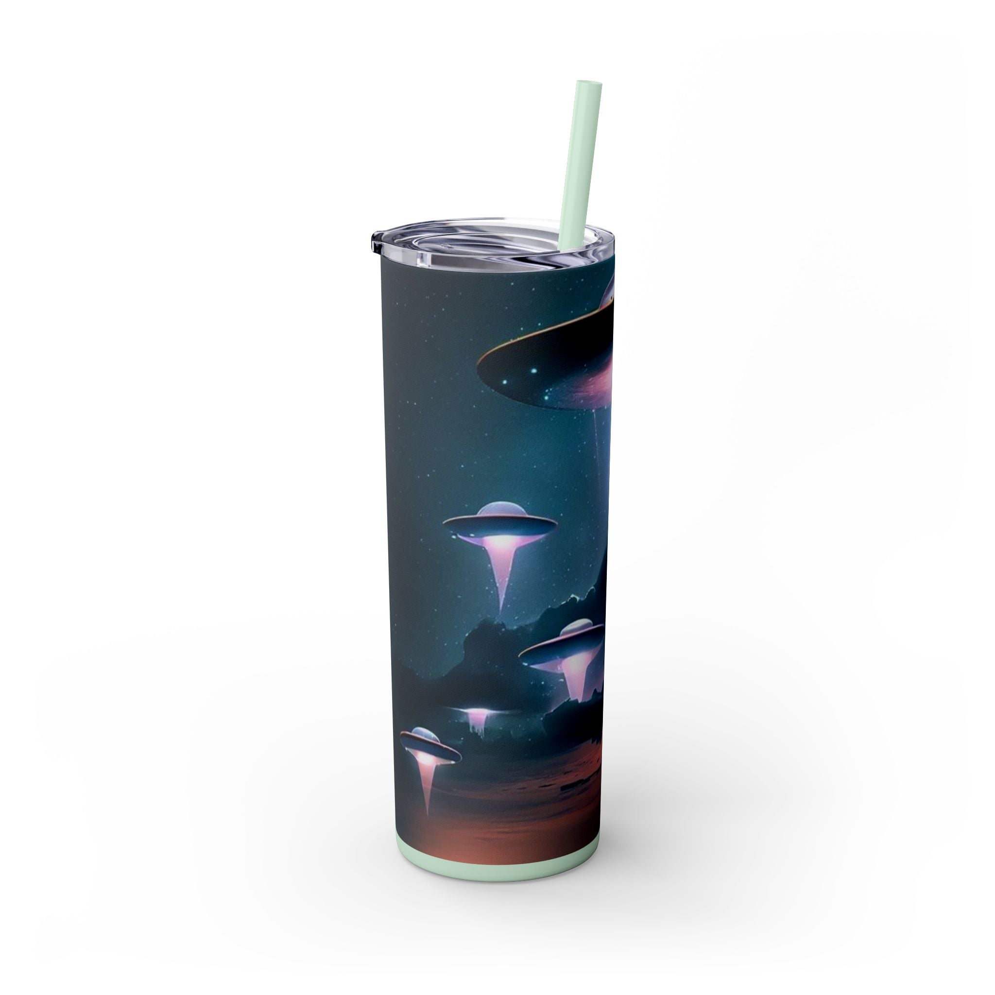 Cosmic Alien Skinny Tumbler with Straw, 20oz | Space Drinkware, Gift for Sci-Fi Lovers, Unique Cup for Outdoor Events, UFO Enthusiasts