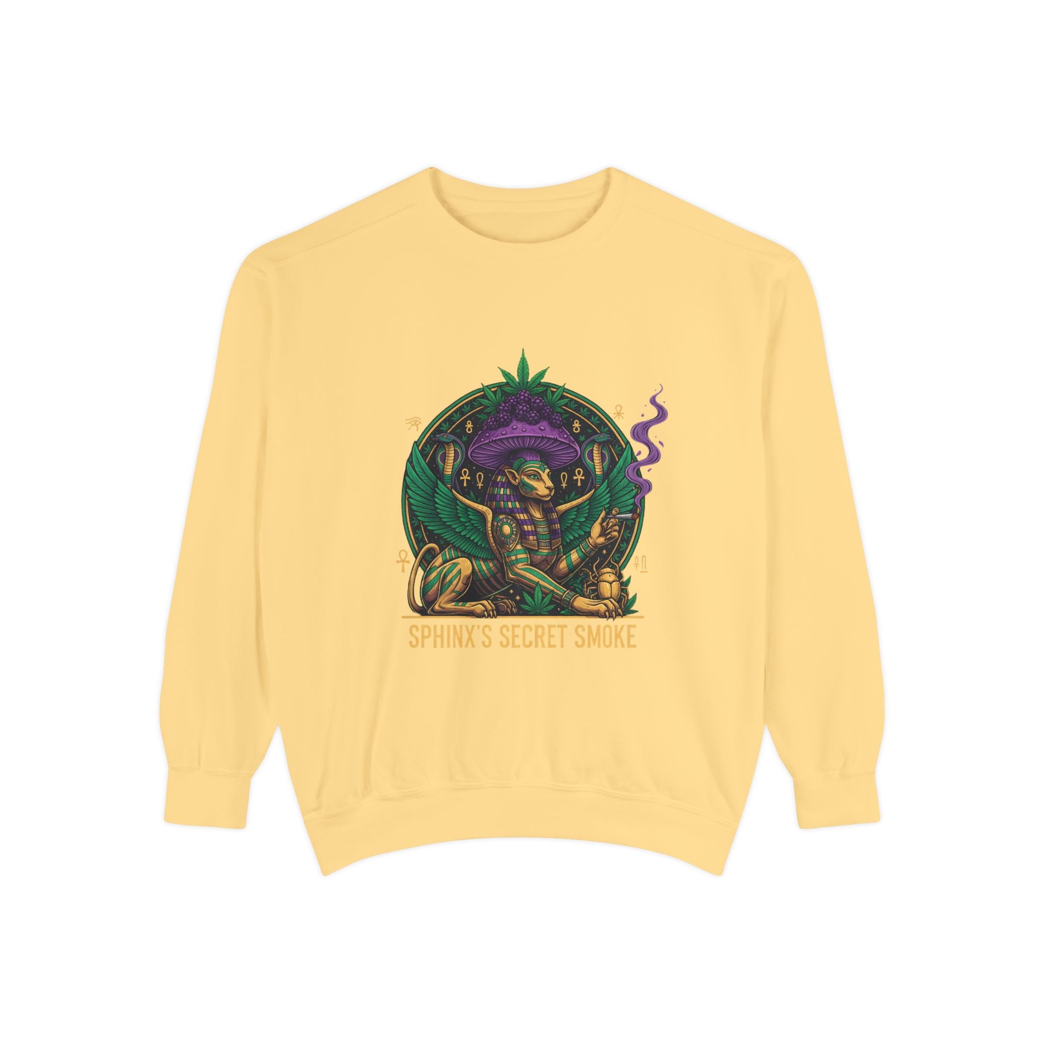 Sphinx's Secret Smoke Sweatshirt — Mystical Egyptian Sphinx Graphic Crewneck