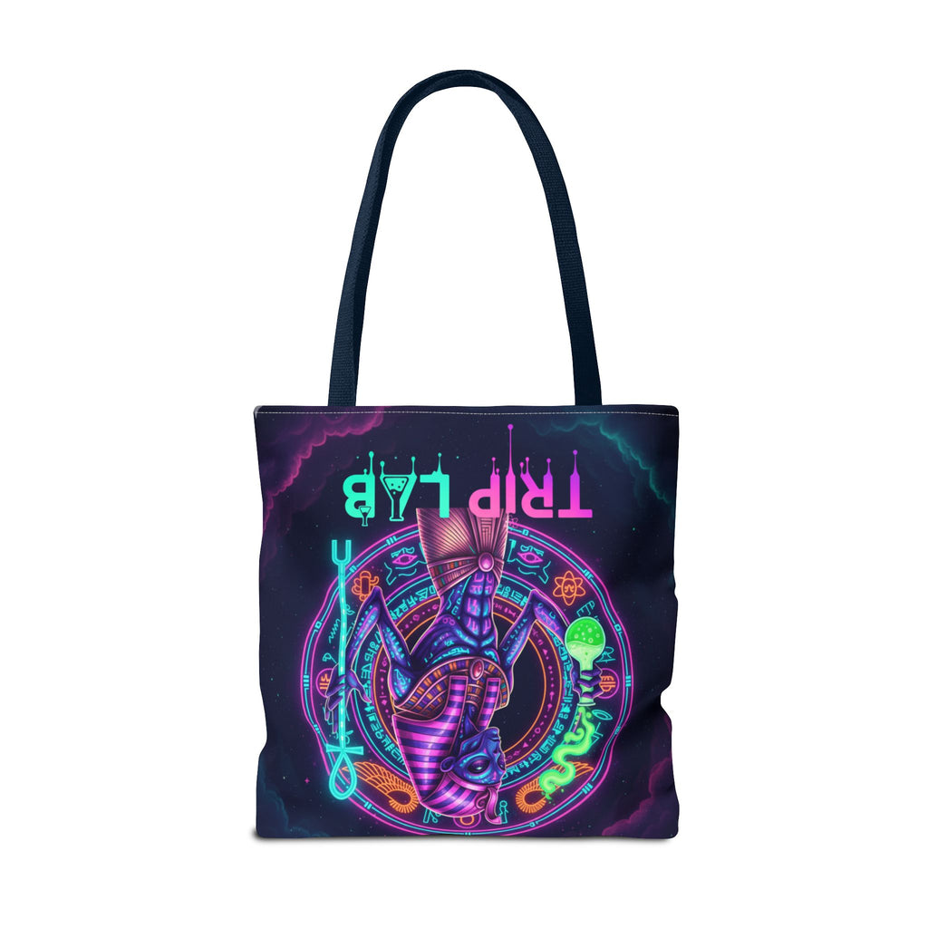 Psychedelic Trip Lab Tote Bag — Neon Ancient-Egypt Anubis All-Over Print