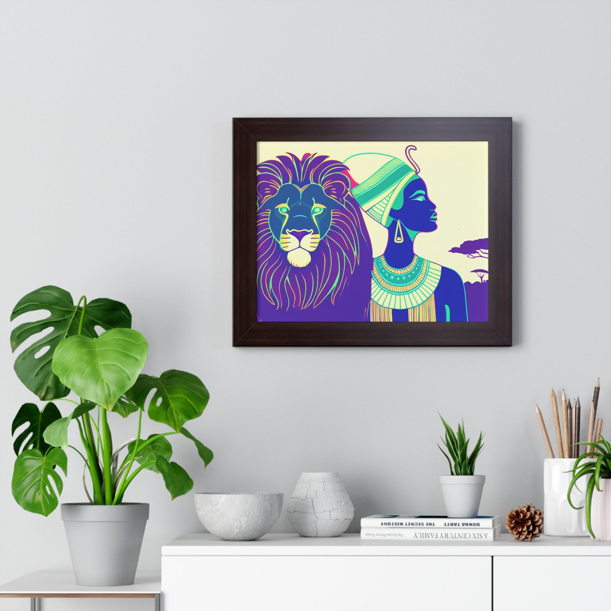 African Royalty Framed Horizontal Poster, Home Decor, Wall Art, Gift for Her, Bohemian Style, Lion and Queen Design