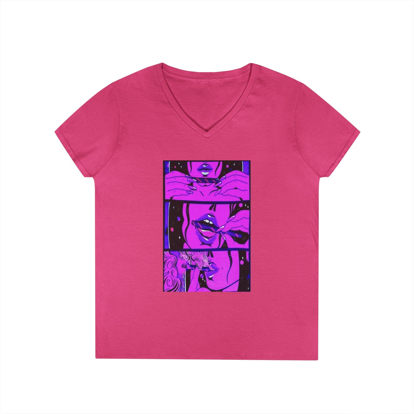 Vibrant Graphic Ladies' V-Neck T-Shirt - Trendy Art Design