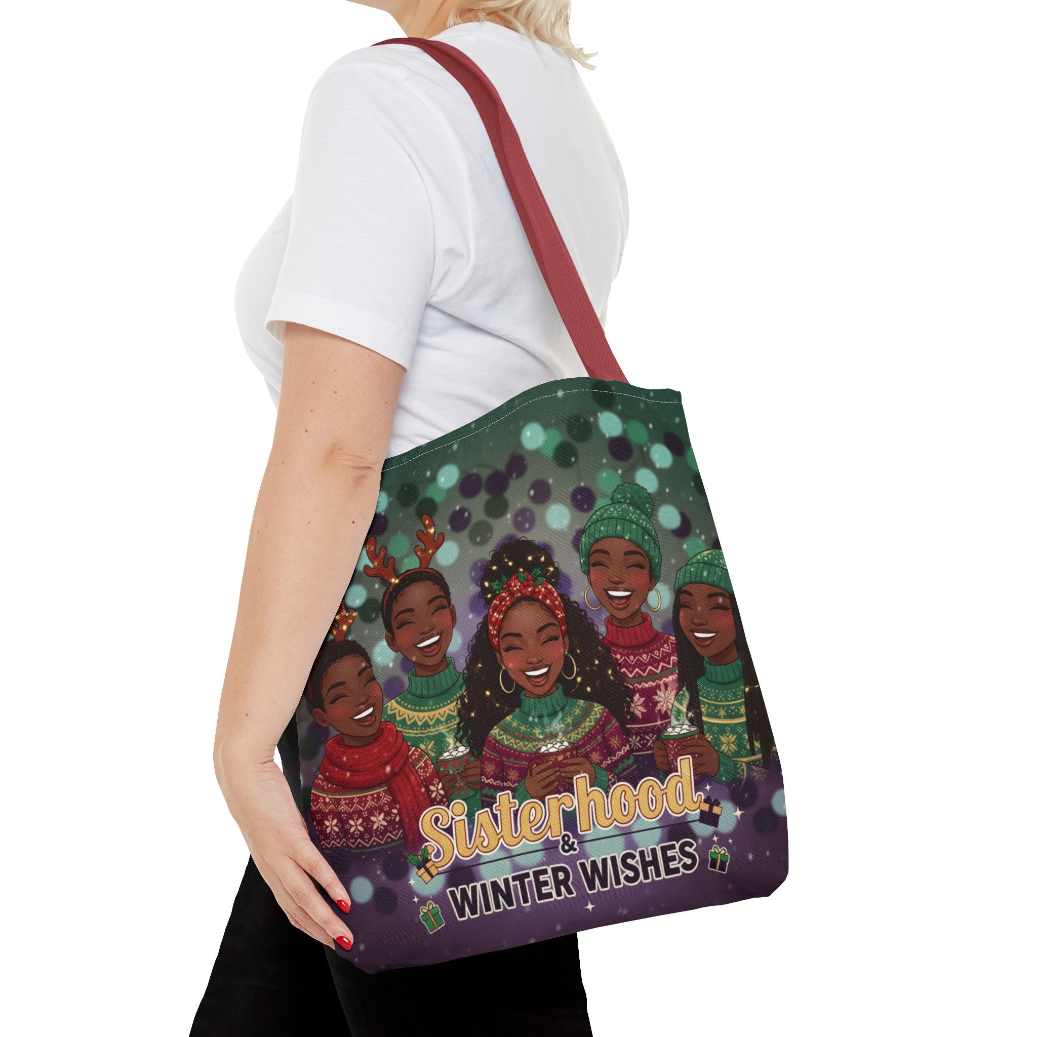 Sisterhood Winter Wishes Holiday Tote Bag — Festive Afrocentric Christmas Market Bag