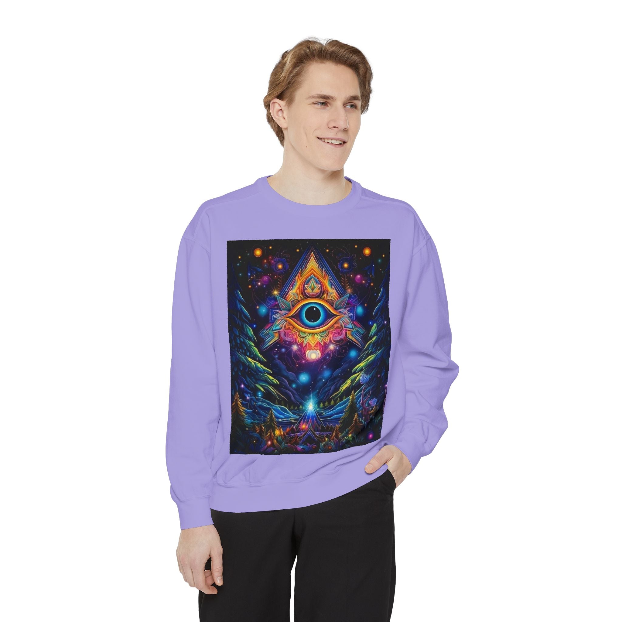 Cosmic Eye Unisex Garment-Dyed Sweatshirt, Psychedelic Sweatshirt, Spiritual Apparel, Gift for Nature Lovers, Festival Clothing, Comfortable