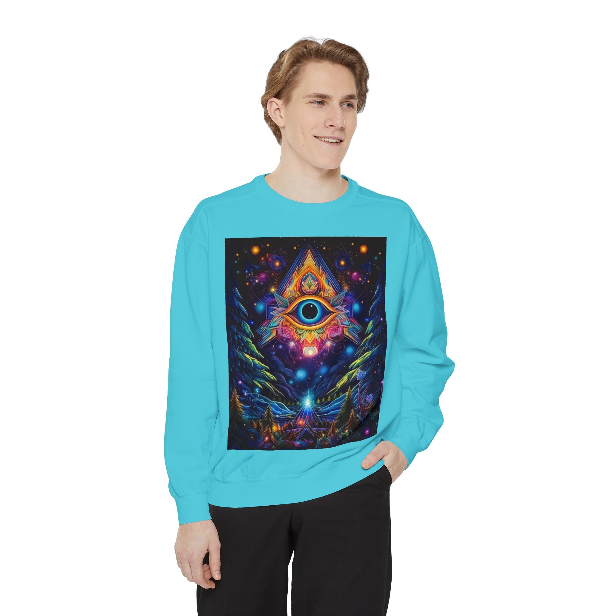 Cosmic Eye Unisex Garment-Dyed Sweatshirt, Psychedelic Sweatshirt, Spiritual Apparel, Gift for Nature Lovers, Festival Clothing, Comfortable