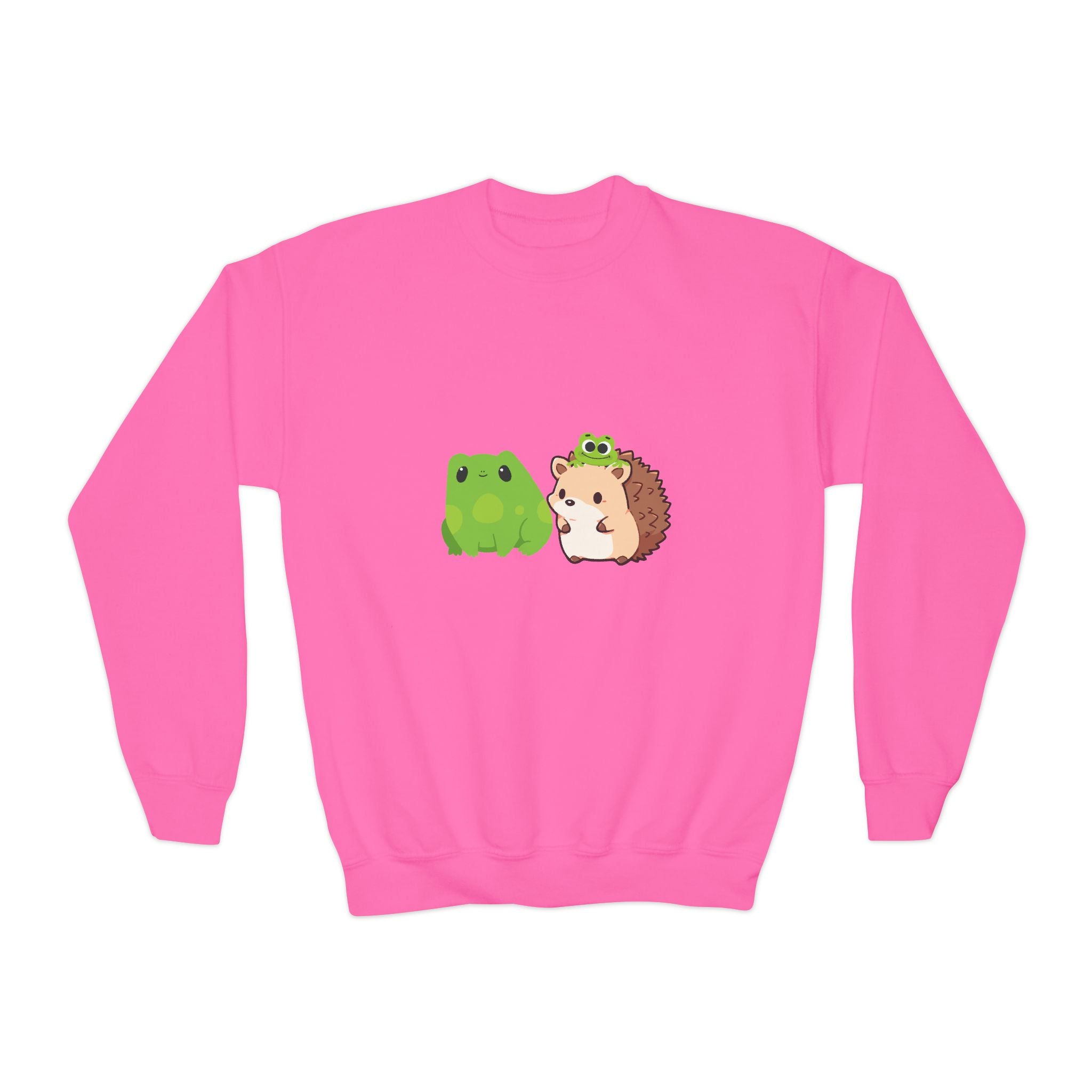 Cute Animal Friends Youth Crewneck Sweatshirt, Adorable Frog and Hedgehog Design, Perfect Gift for Kids, Fun Casual Wear, Birthday and