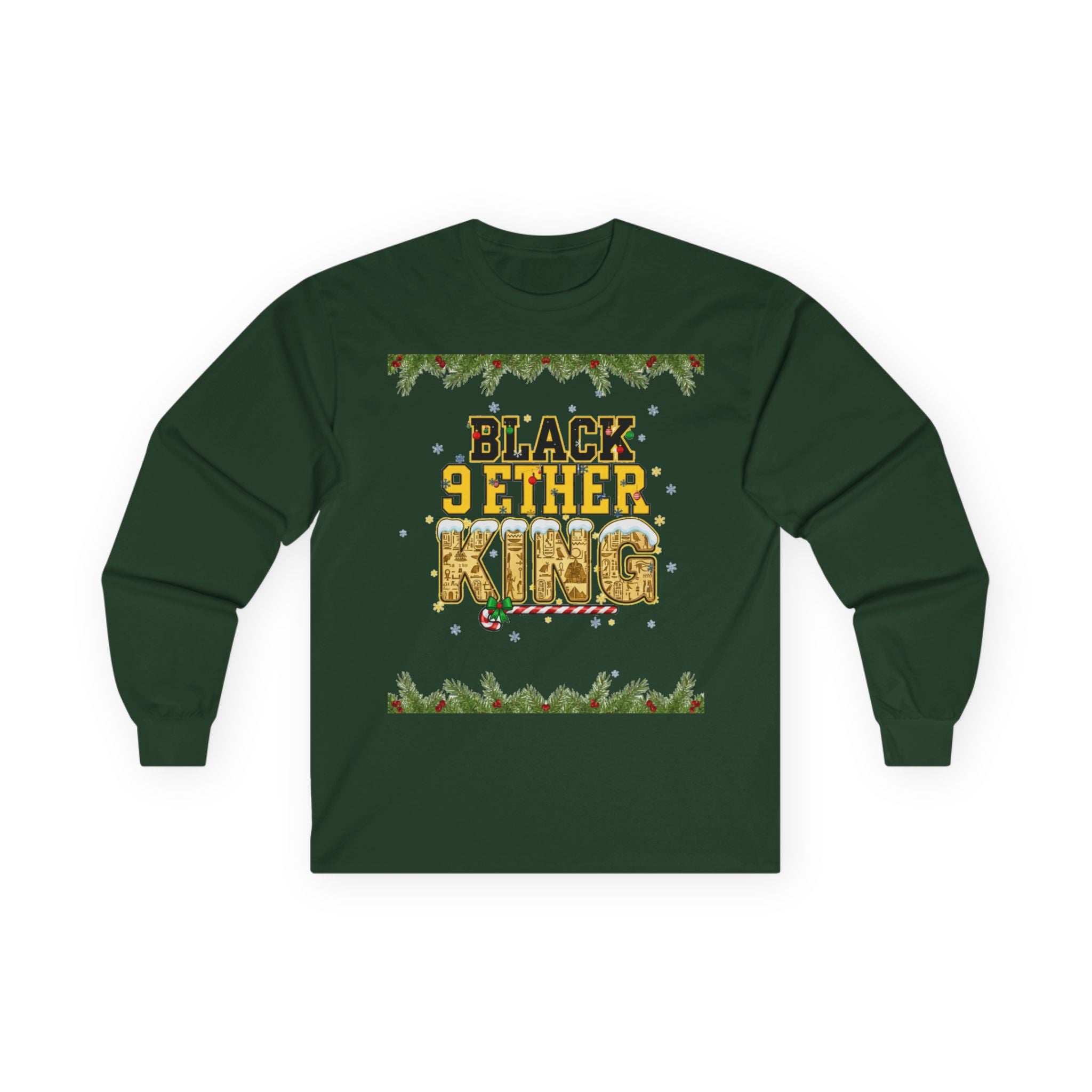 Long Sleeve Tee — "Black 9ether King" Holiday Graphic with Pine Garland